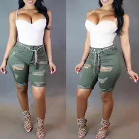 Sexy High Waist Green Ripped Denim Half Pants
