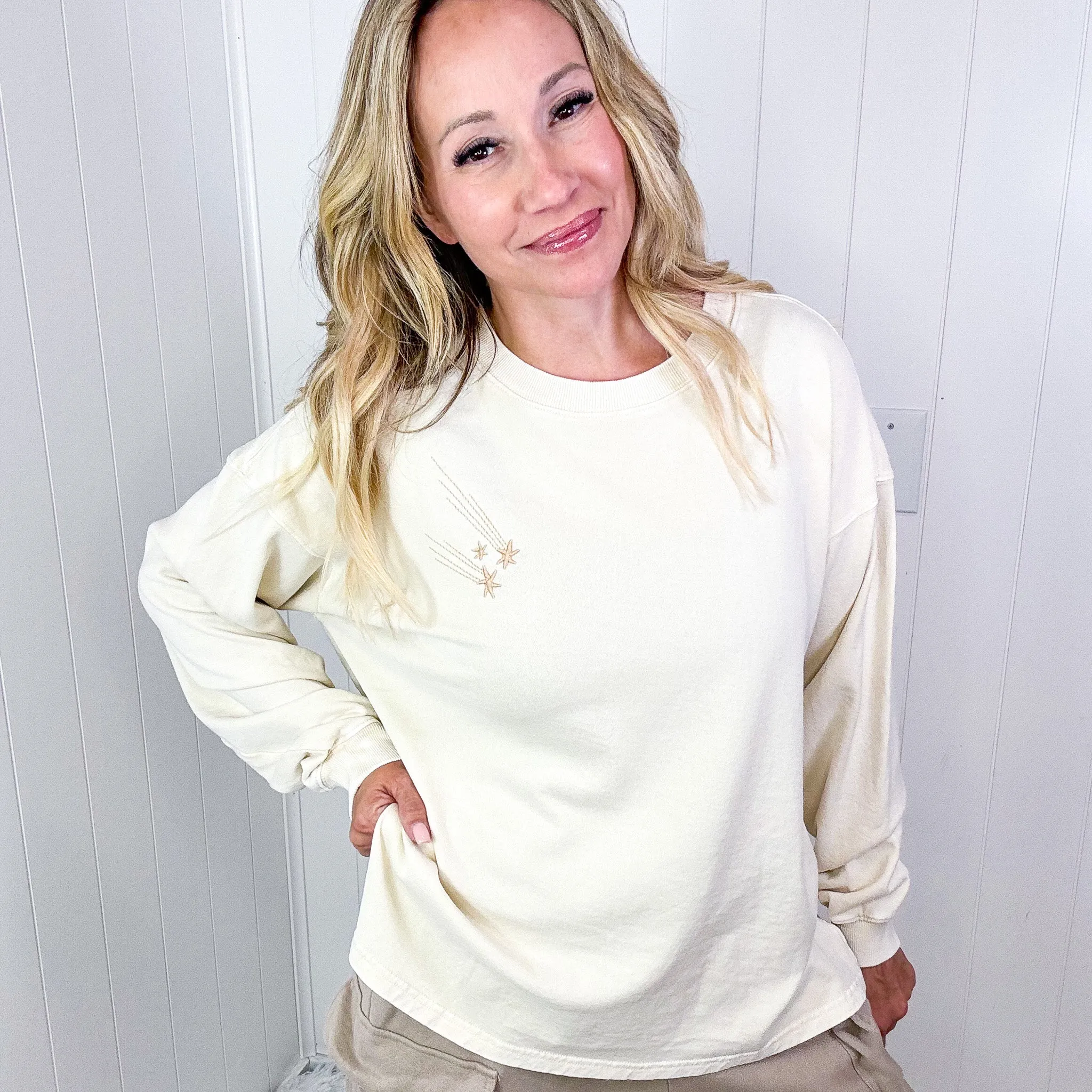 Shooting Star Embroidered Mineral Washed Terry Knit Pullover in 3 Colors