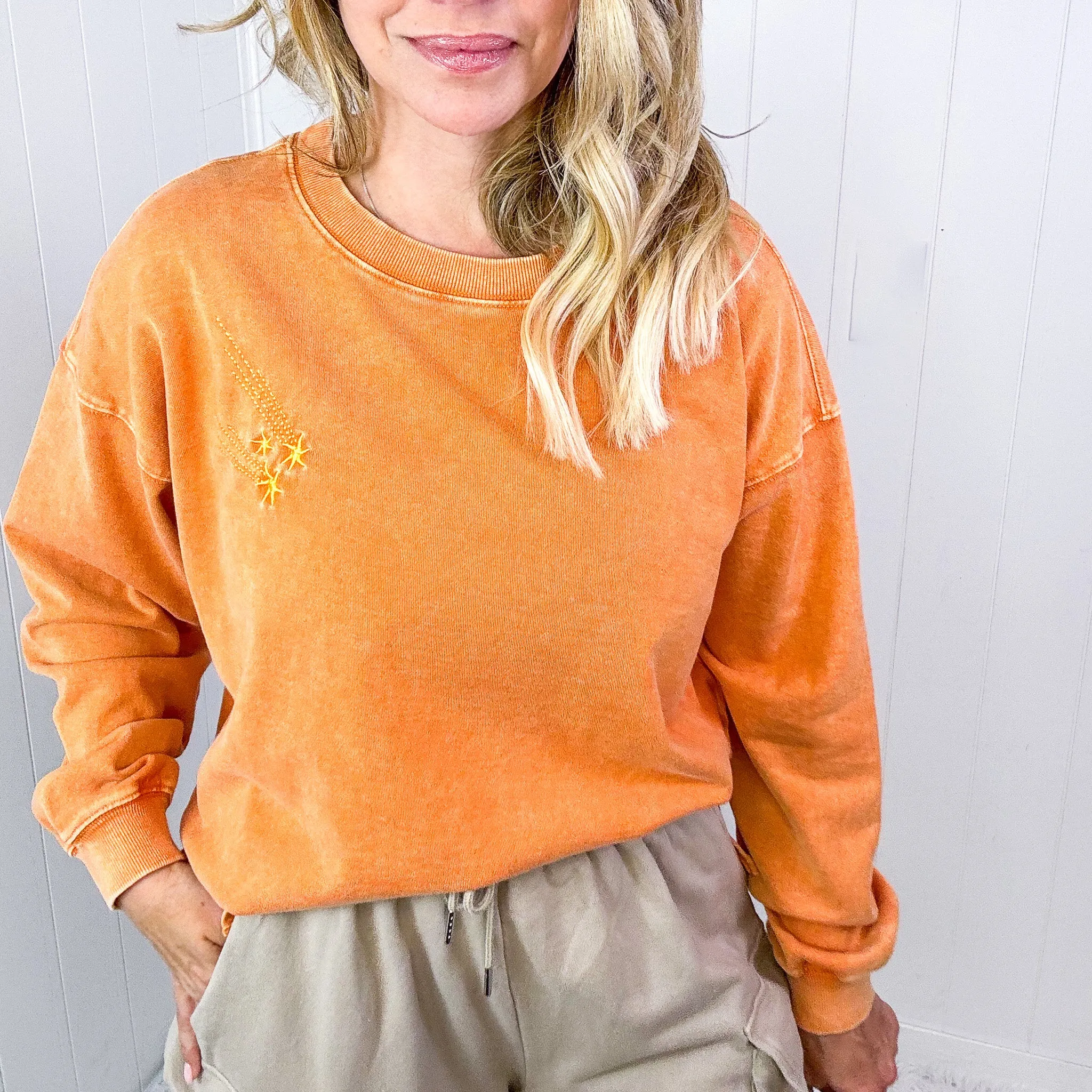 Shooting Star Embroidered Mineral Washed Terry Knit Pullover in 3 Colors