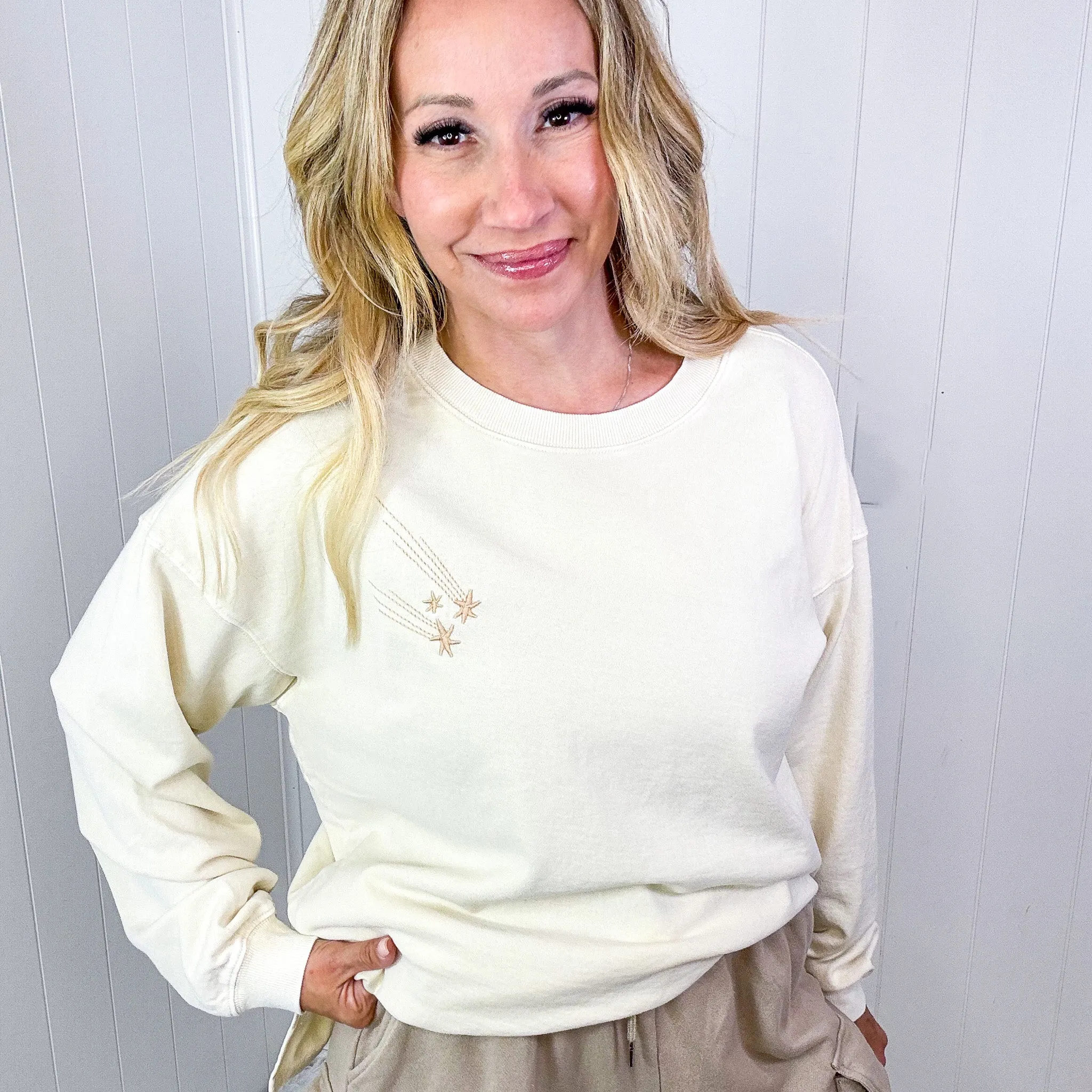 Shooting Star Embroidered Mineral Washed Terry Knit Pullover in 3 Colors