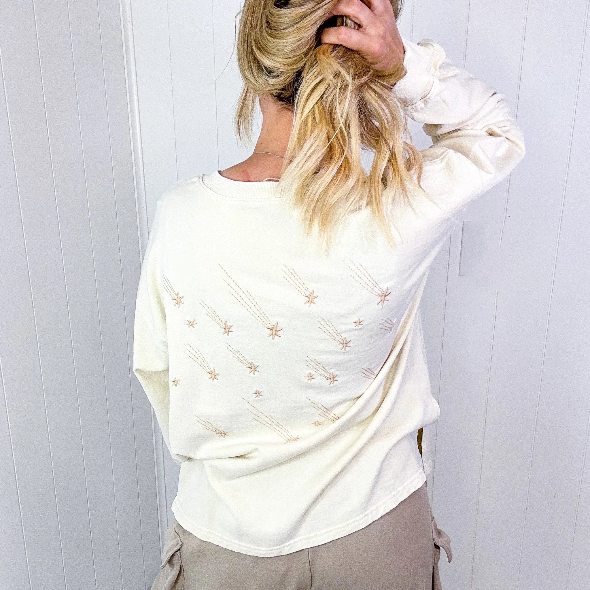 Shooting Star Embroidered Mineral Washed Terry Knit Pullover in 3 Colors