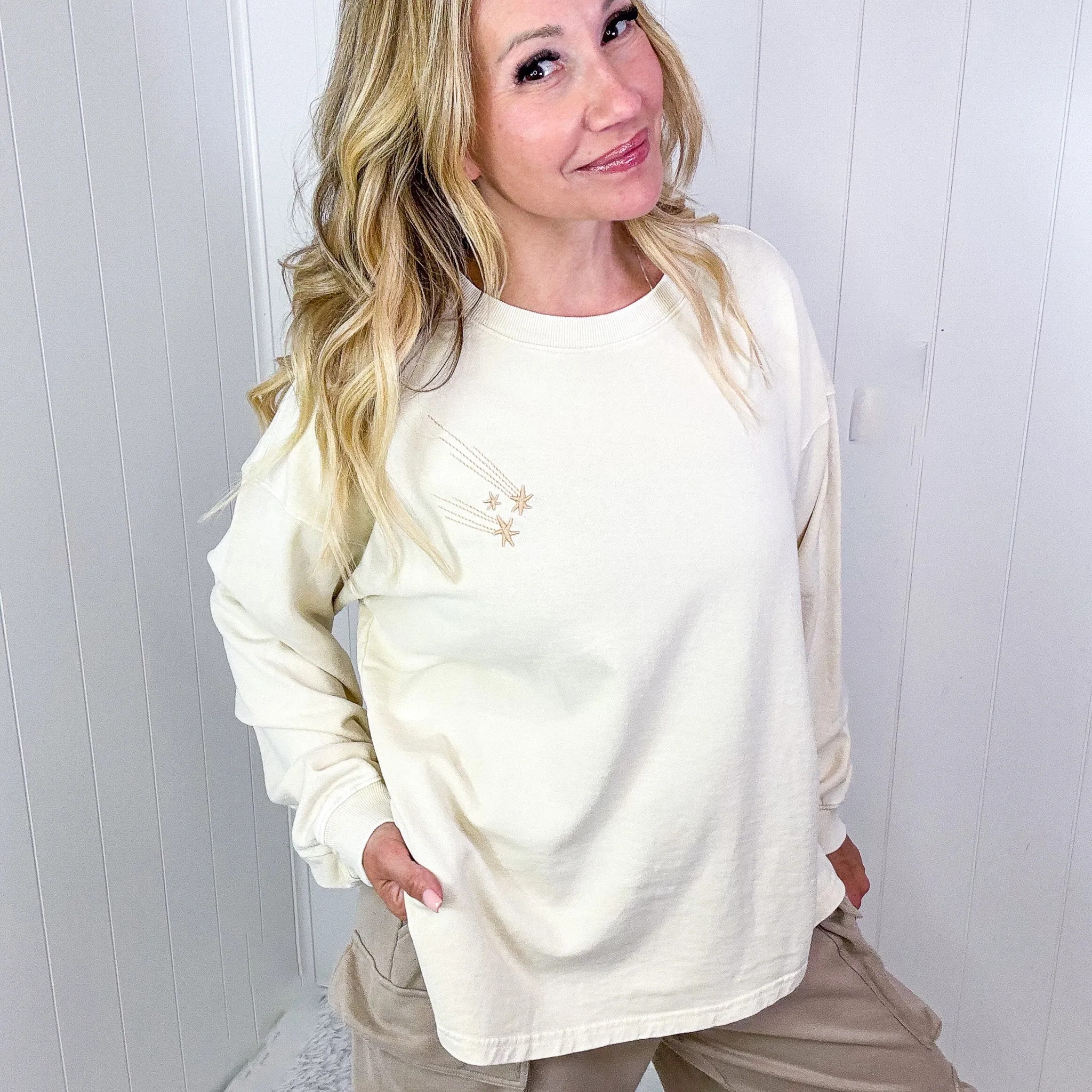 Shooting Star Embroidered Mineral Washed Terry Knit Pullover in 3 Colors