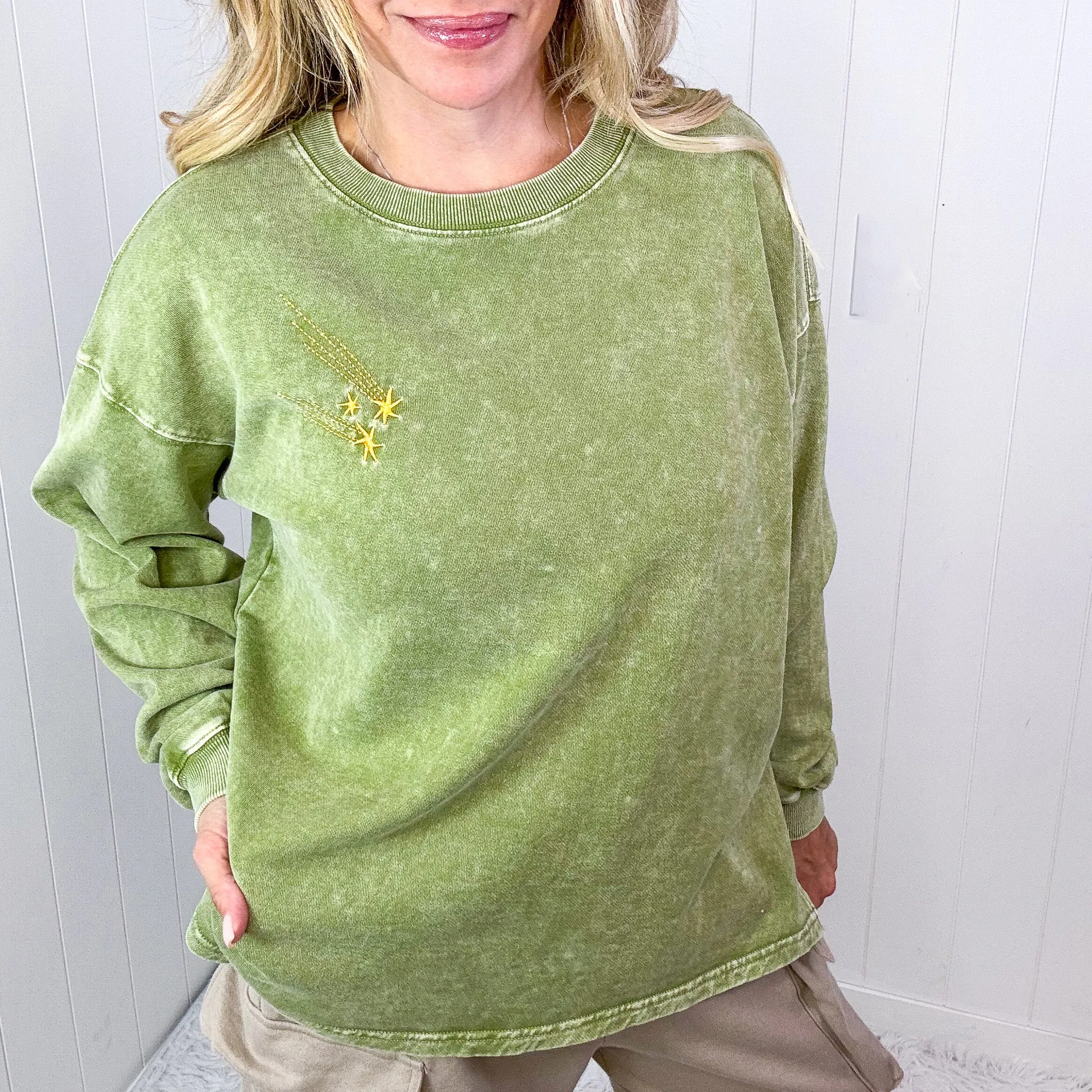 Shooting Star Embroidered Mineral Washed Terry Knit Pullover in 3 Colors