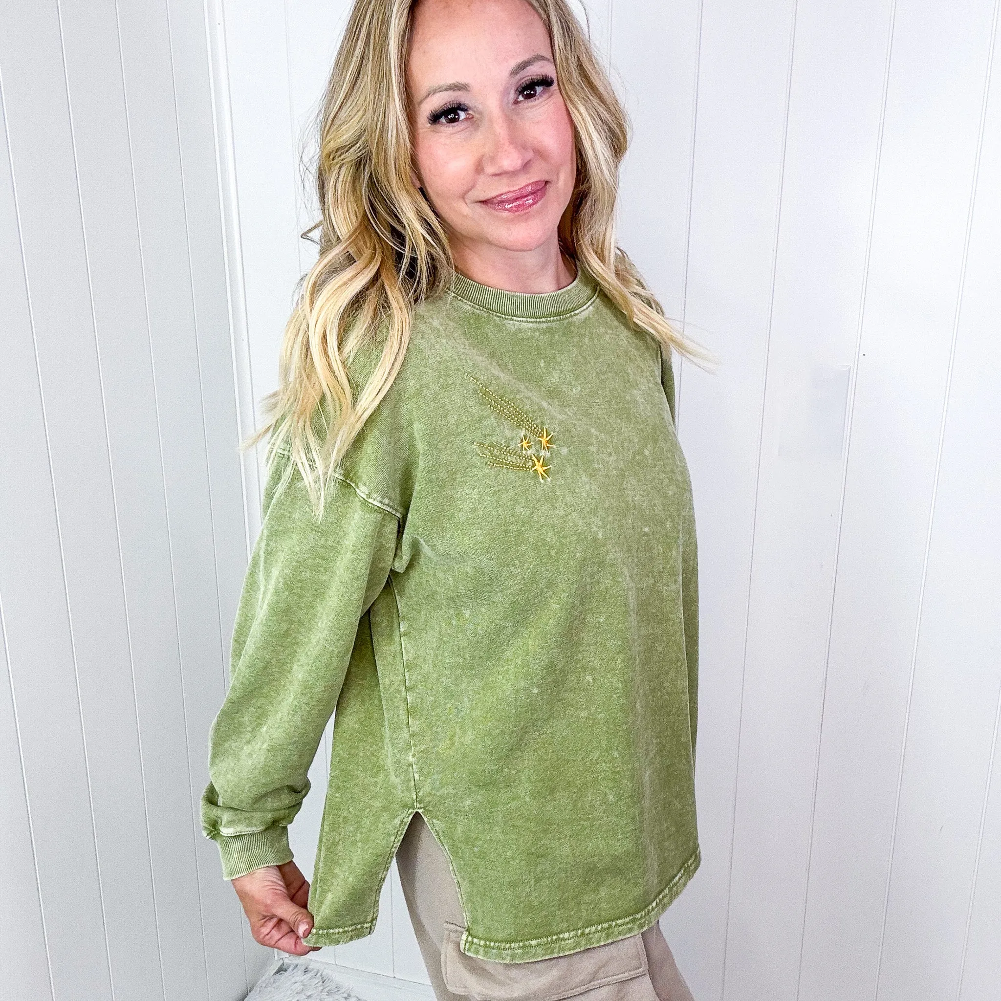 Shooting Star Embroidered Mineral Washed Terry Knit Pullover in 3 Colors