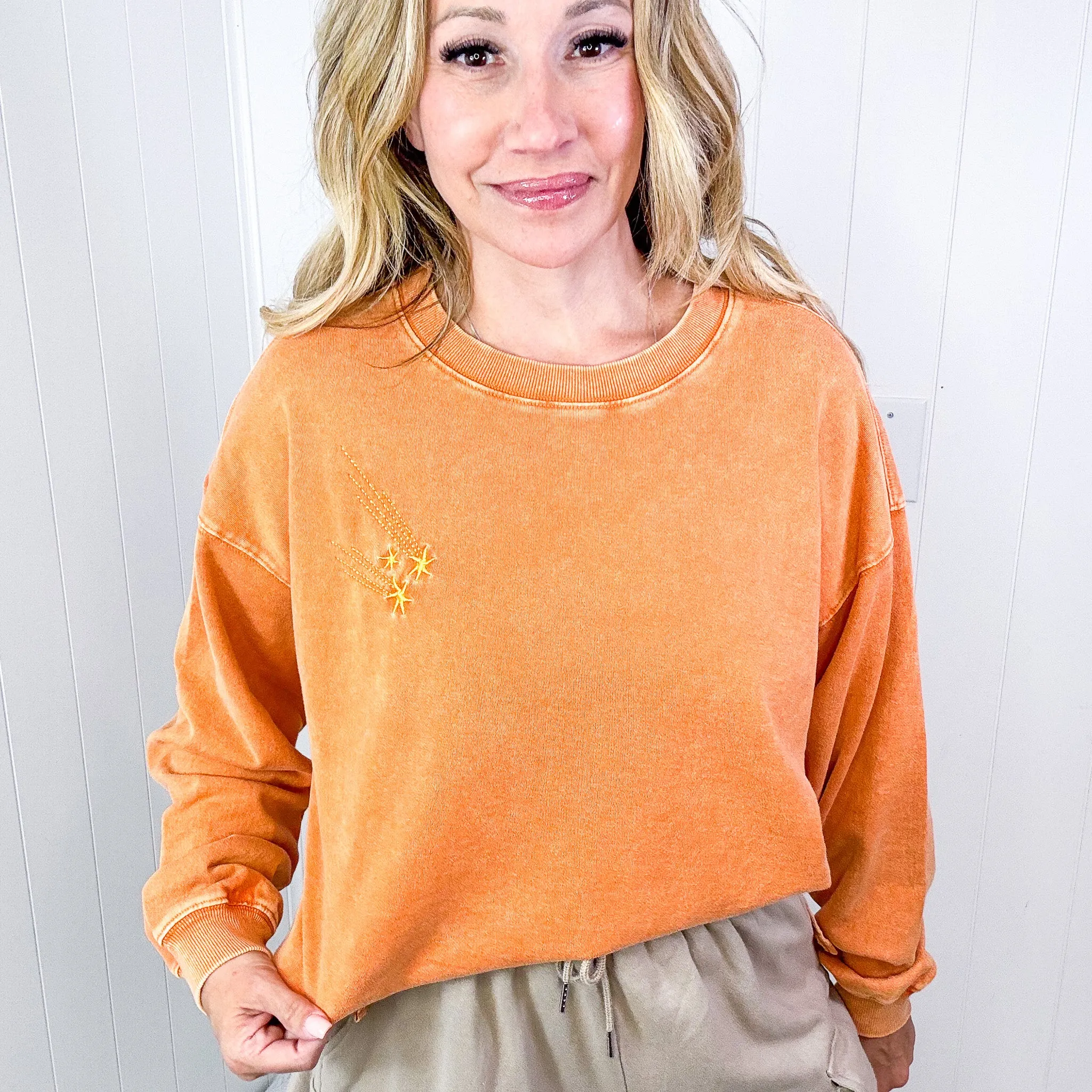 Shooting Star Embroidered Mineral Washed Terry Knit Pullover in 3 Colors