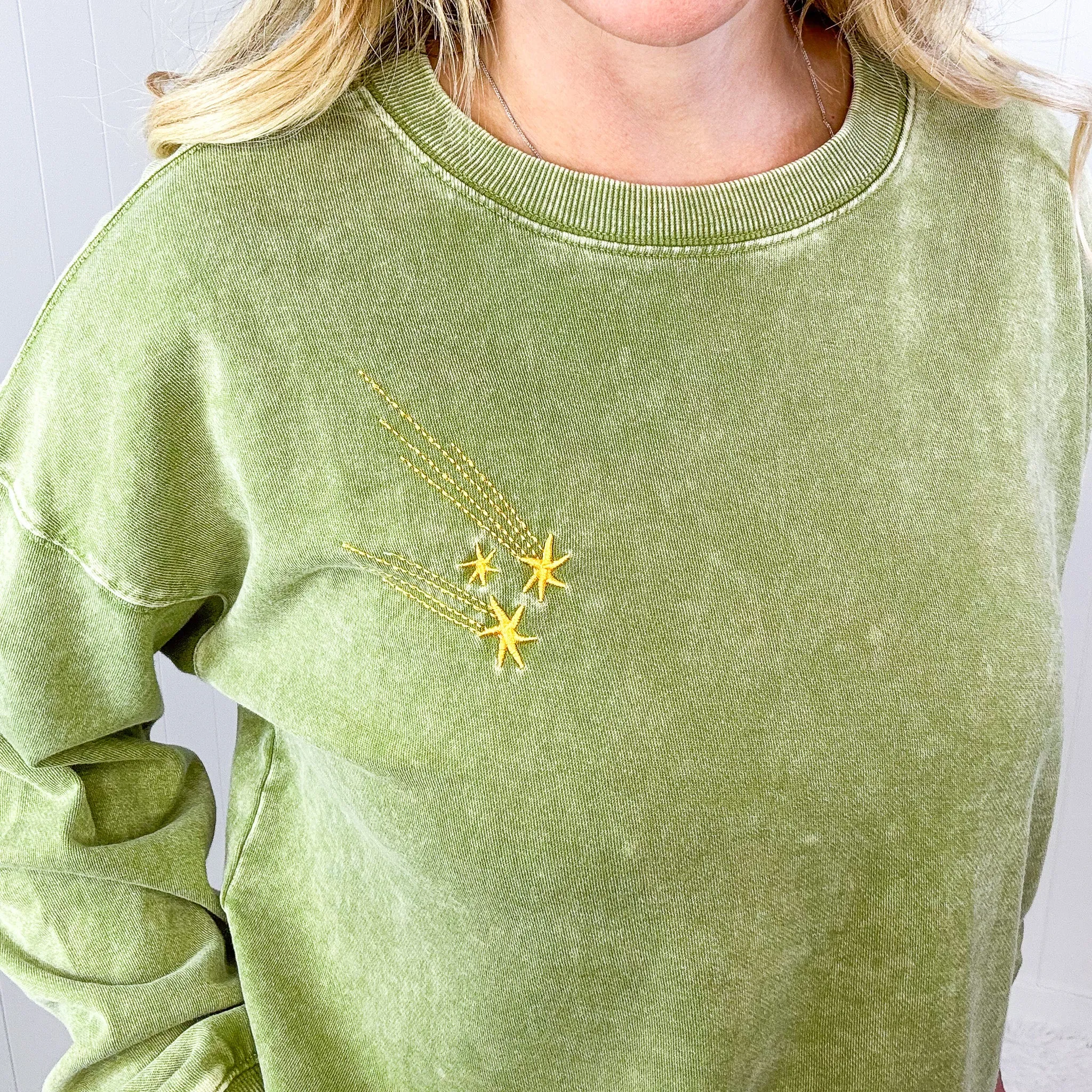 Shooting Star Embroidered Mineral Washed Terry Knit Pullover in 3 Colors