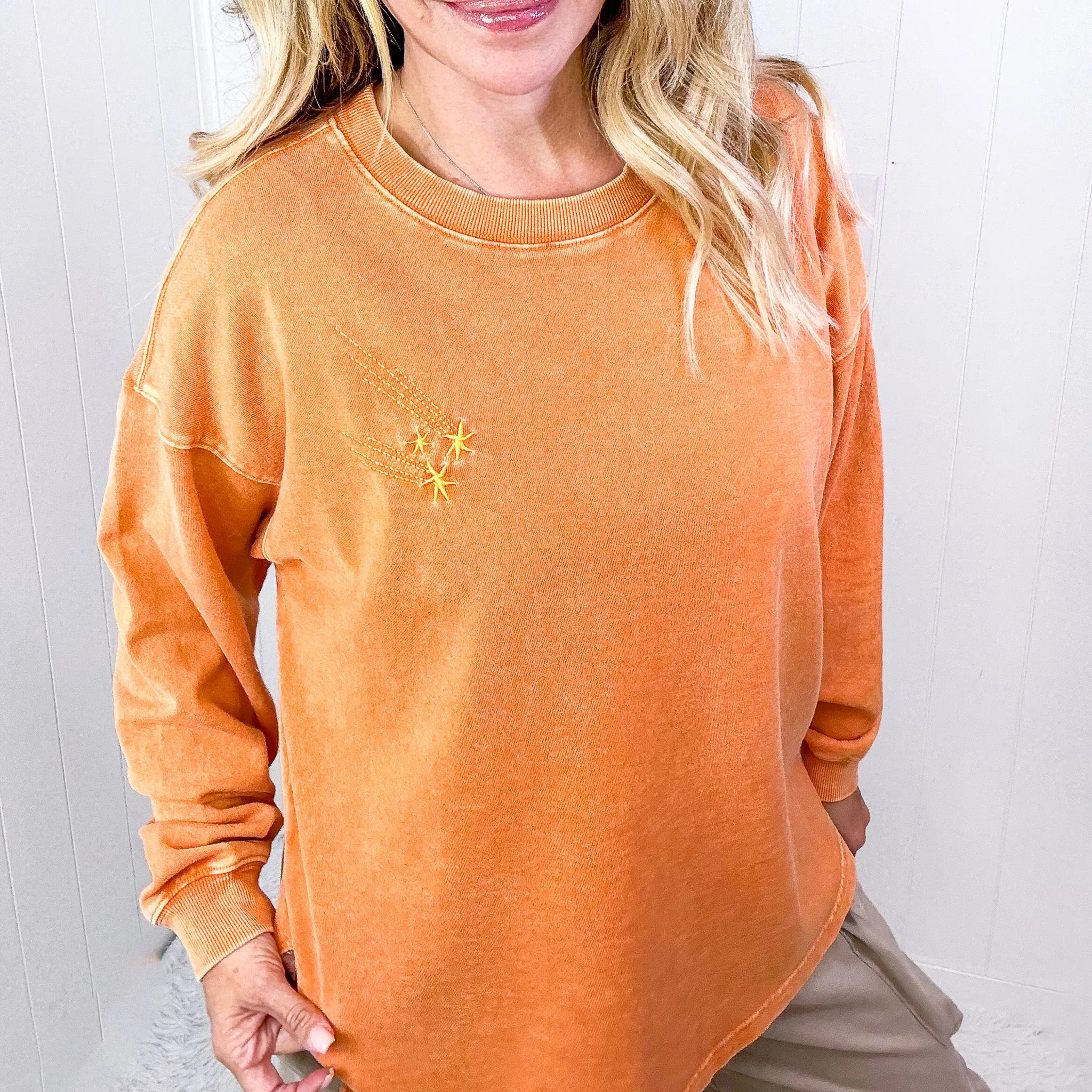 Shooting Star Embroidered Mineral Washed Terry Knit Pullover in 3 Colors
