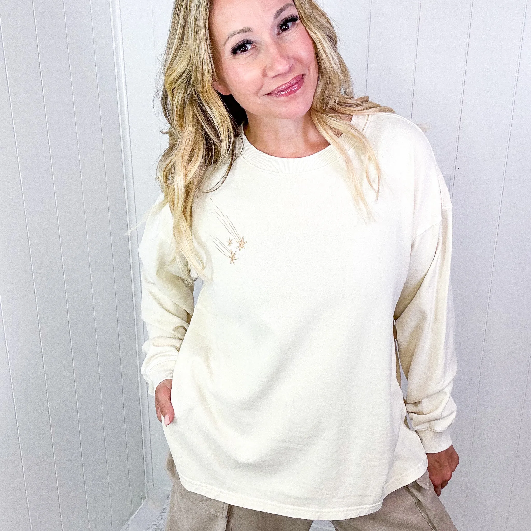 Shooting Star Embroidered Mineral Washed Terry Knit Pullover in 3 Colors