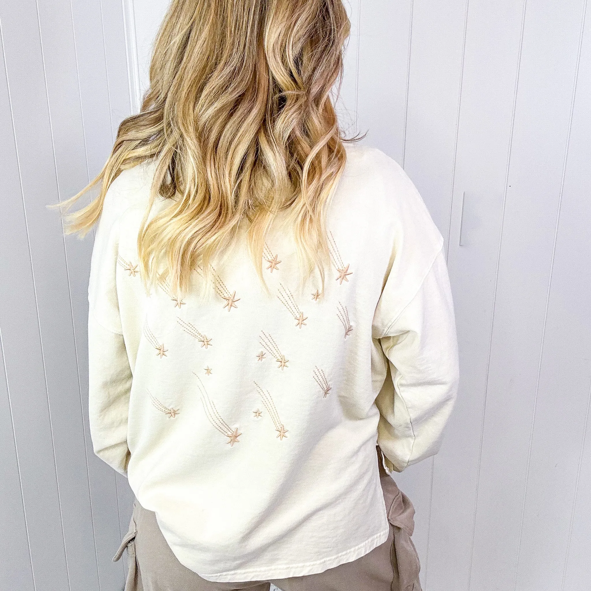 Shooting Star Embroidered Mineral Washed Terry Knit Pullover in 3 Colors