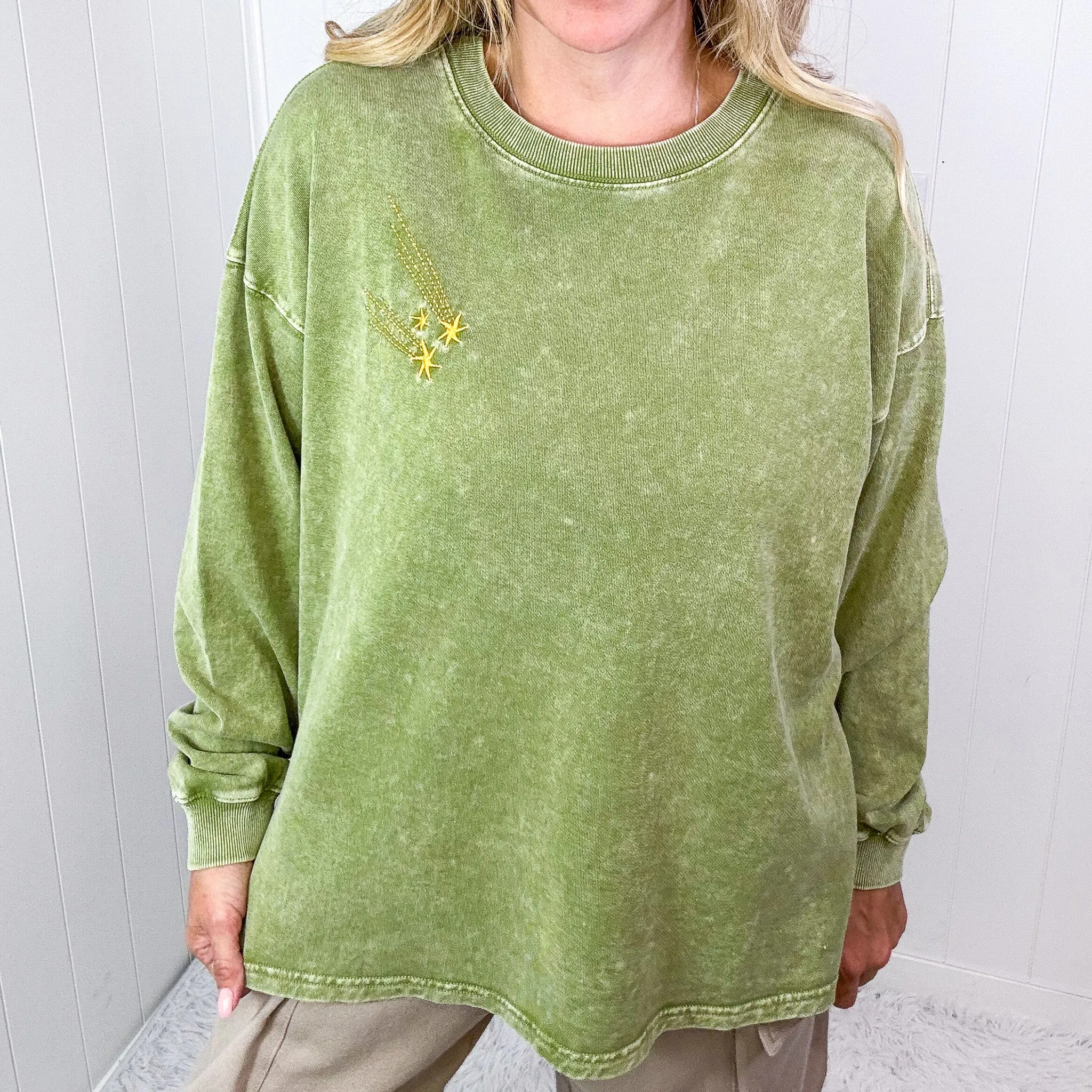 Shooting Star Embroidered Mineral Washed Terry Knit Pullover in 3 Colors