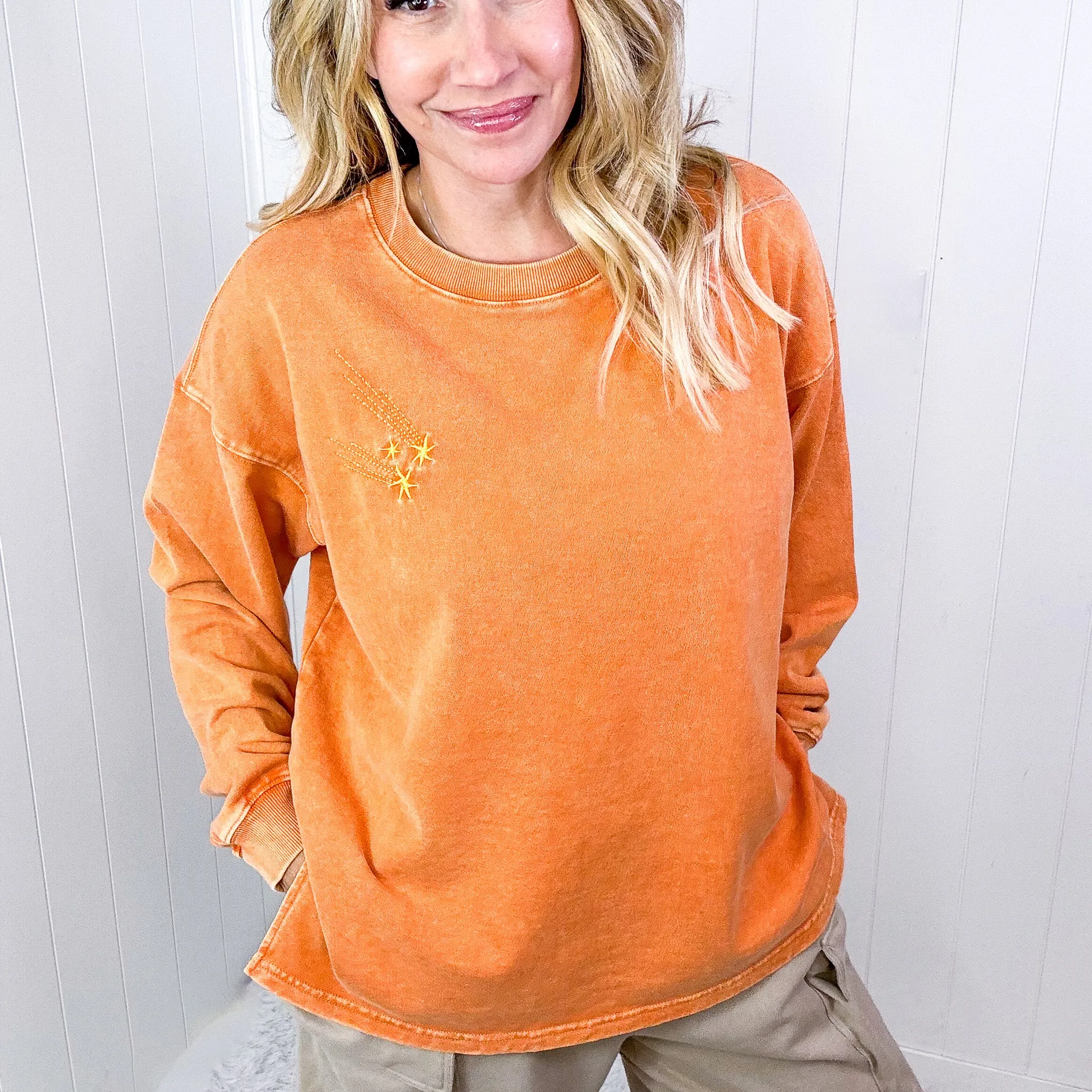 Shooting Star Embroidered Mineral Washed Terry Knit Pullover in 3 Colors