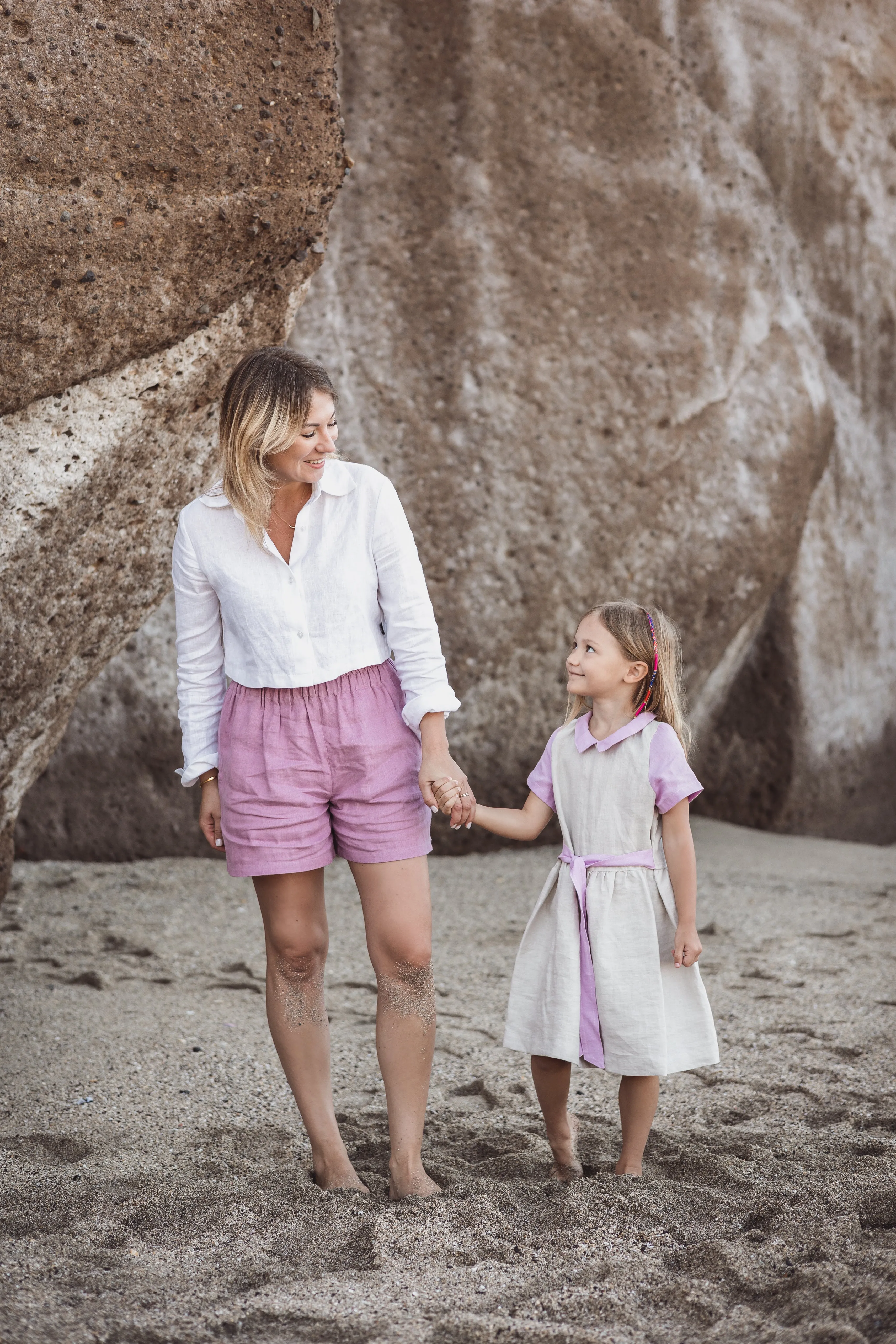 Sofa Killer linen beige dress with violet color details