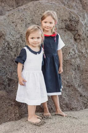 Sofa Killer linen dark blue dress with red collar and white details