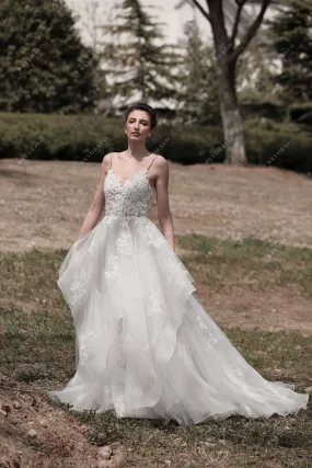 Spaghetti Strap Princess Lace Ball Gown Ruffled Tulle Nude Bridal Dress