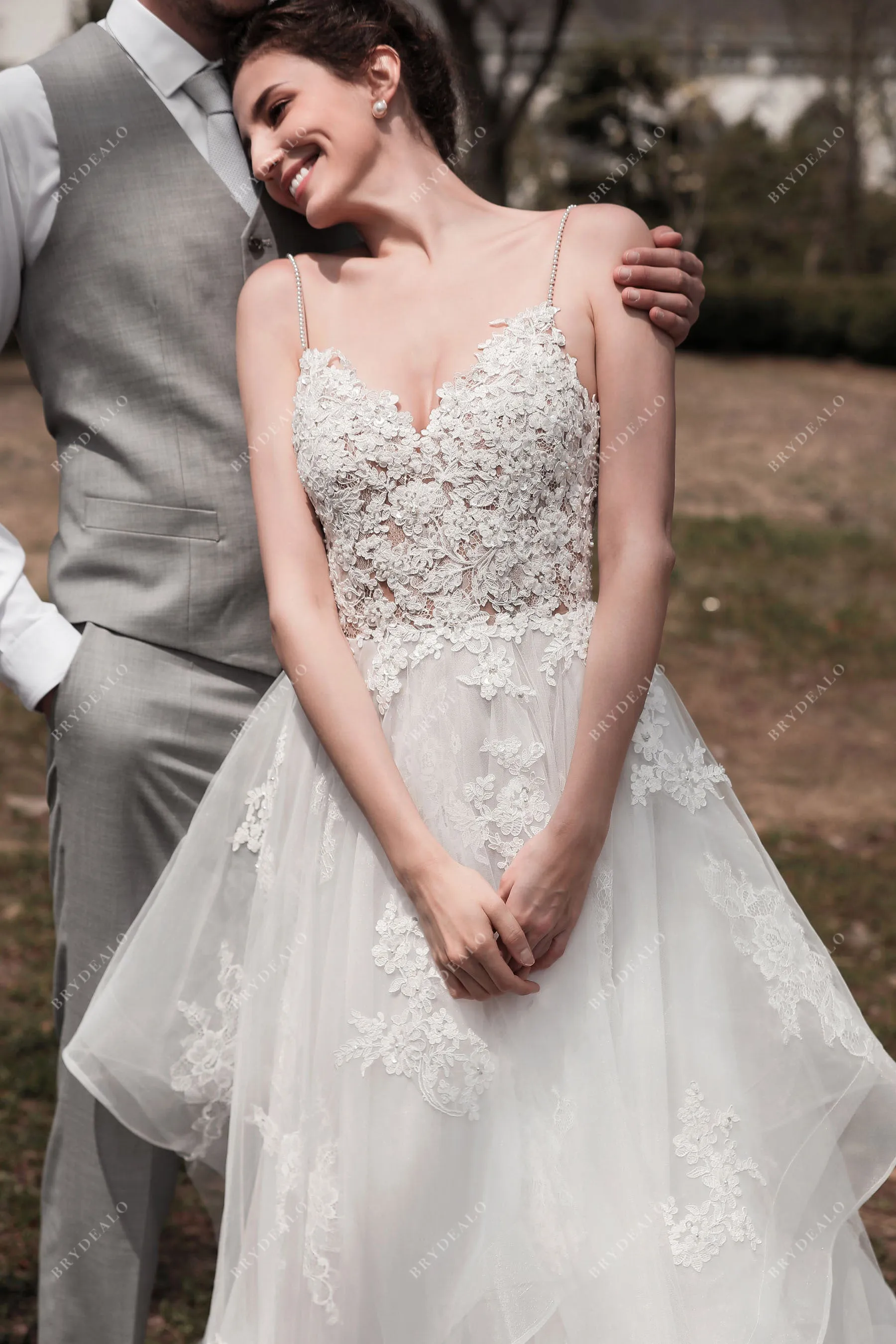 Spaghetti Strap Princess Lace Ball Gown Ruffled Tulle Nude Bridal Dress