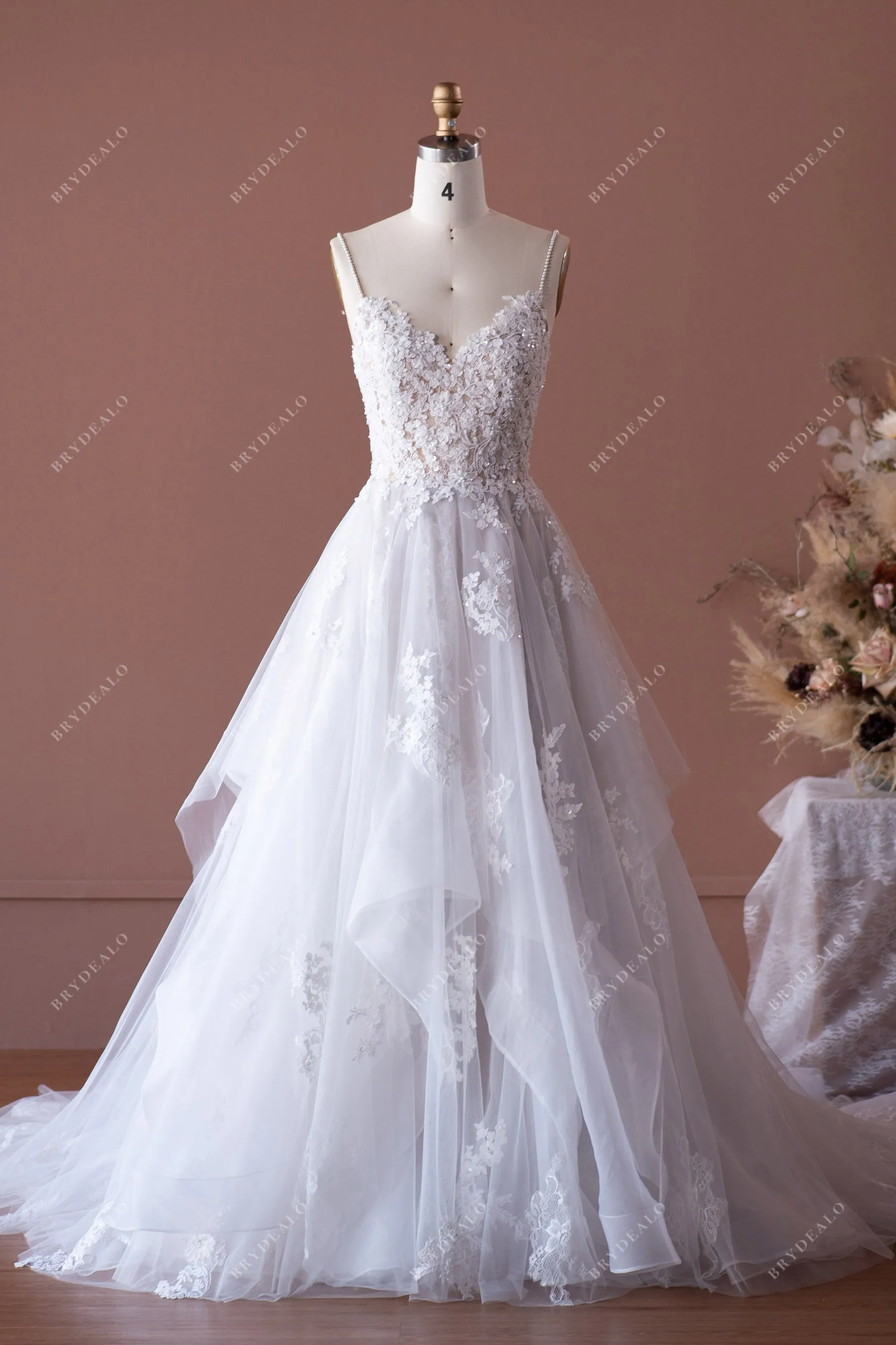 Spaghetti Strap Princess Lace Ball Gown Ruffled Tulle Nude Bridal Dress