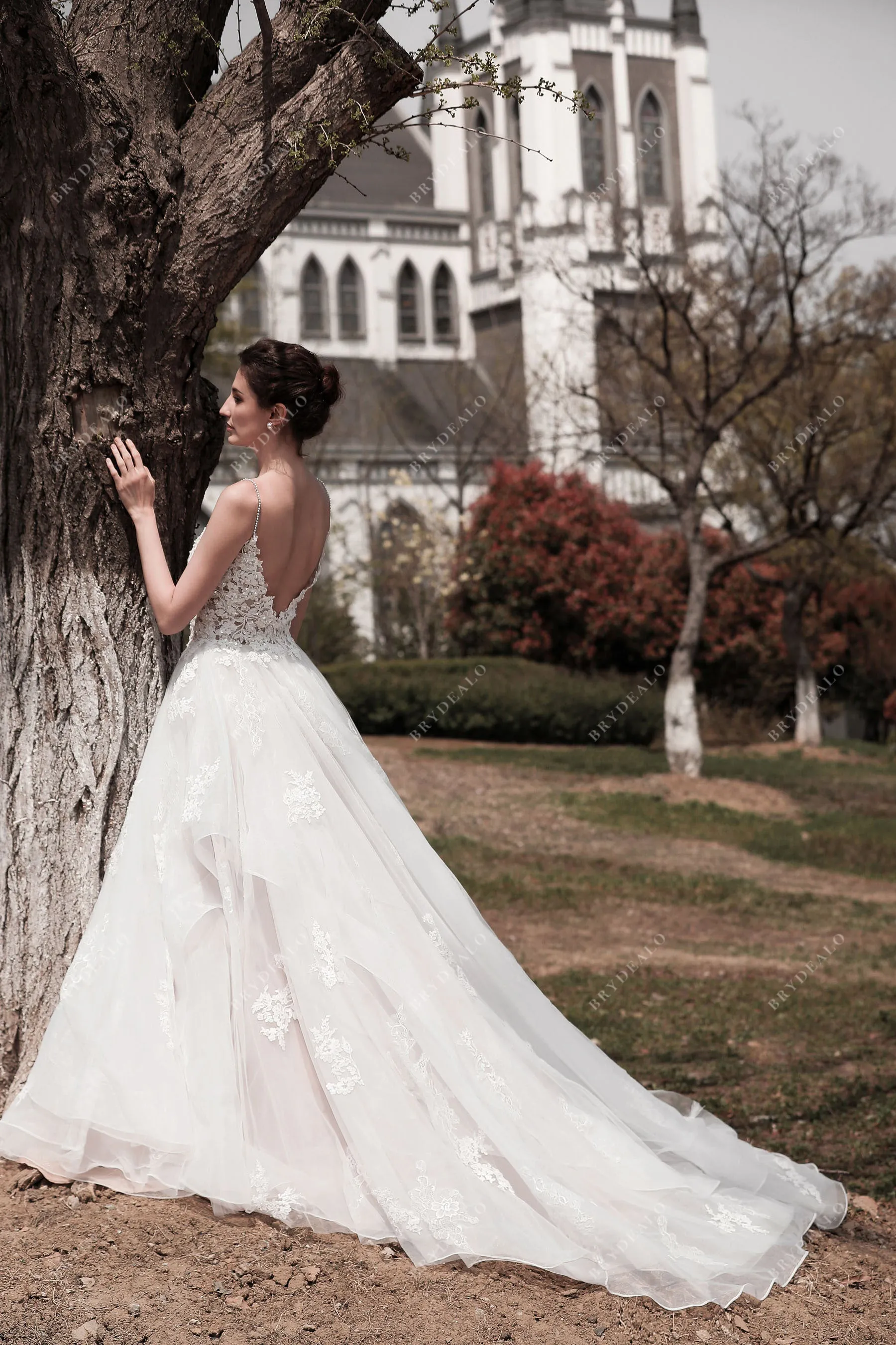 Spaghetti Strap Princess Lace Ball Gown Ruffled Tulle Nude Bridal Dress