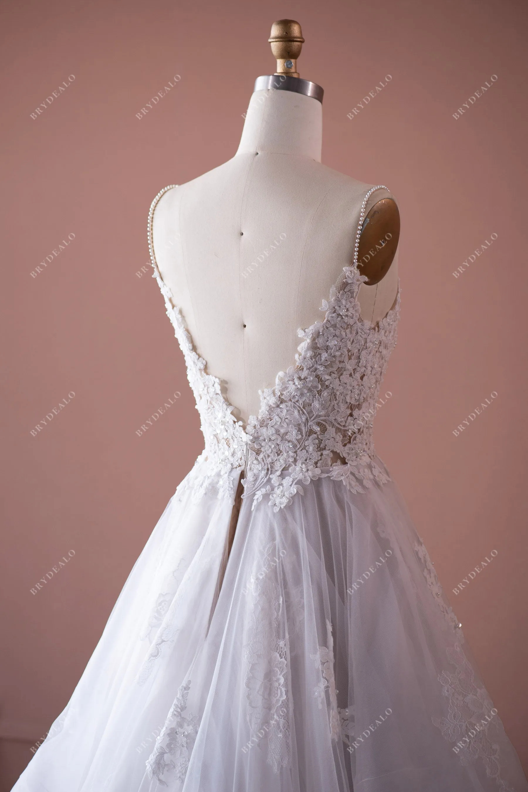 Spaghetti Strap Princess Lace Ball Gown Ruffled Tulle Nude Bridal Dress
