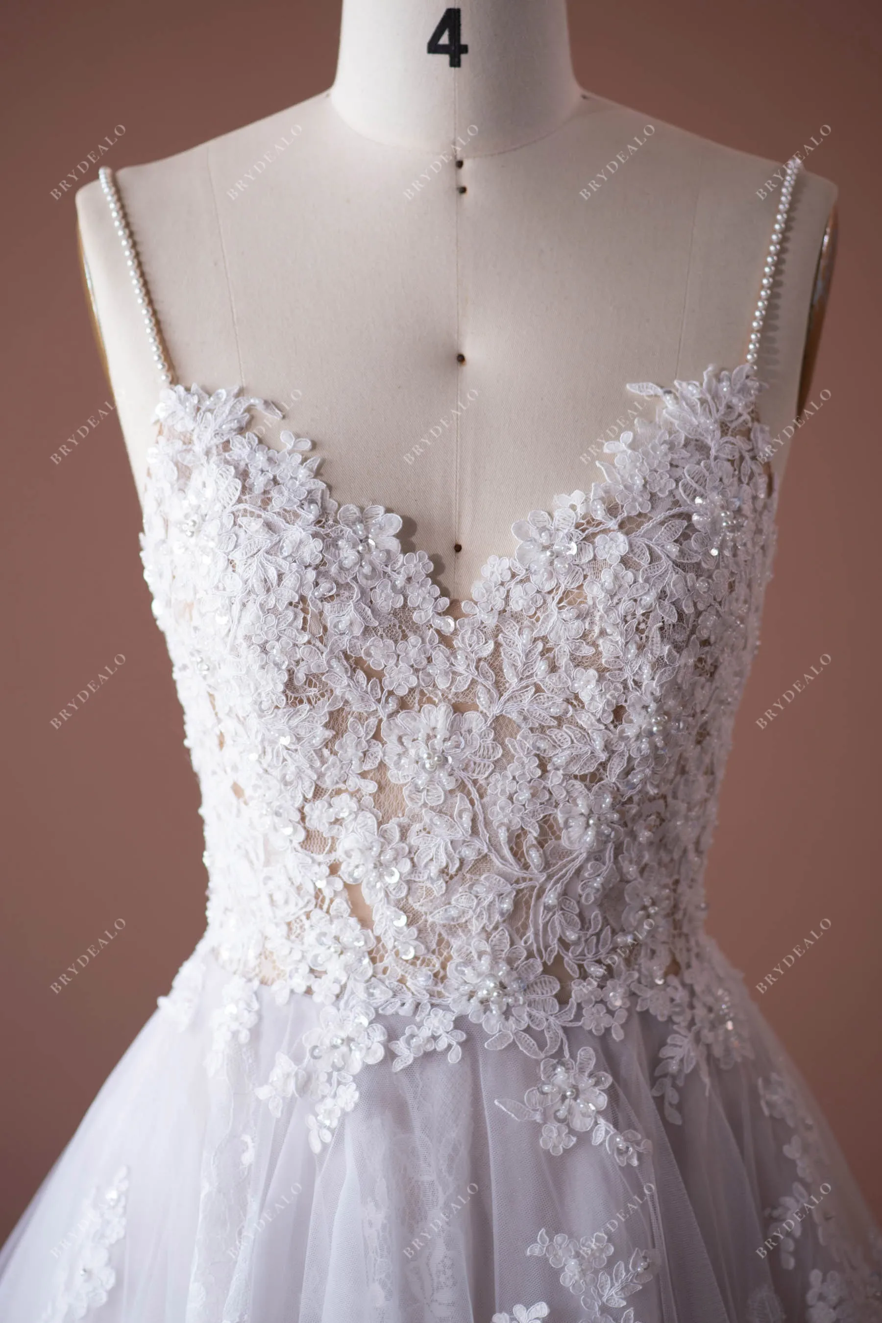 Spaghetti Strap Princess Lace Ball Gown Ruffled Tulle Nude Bridal Dress
