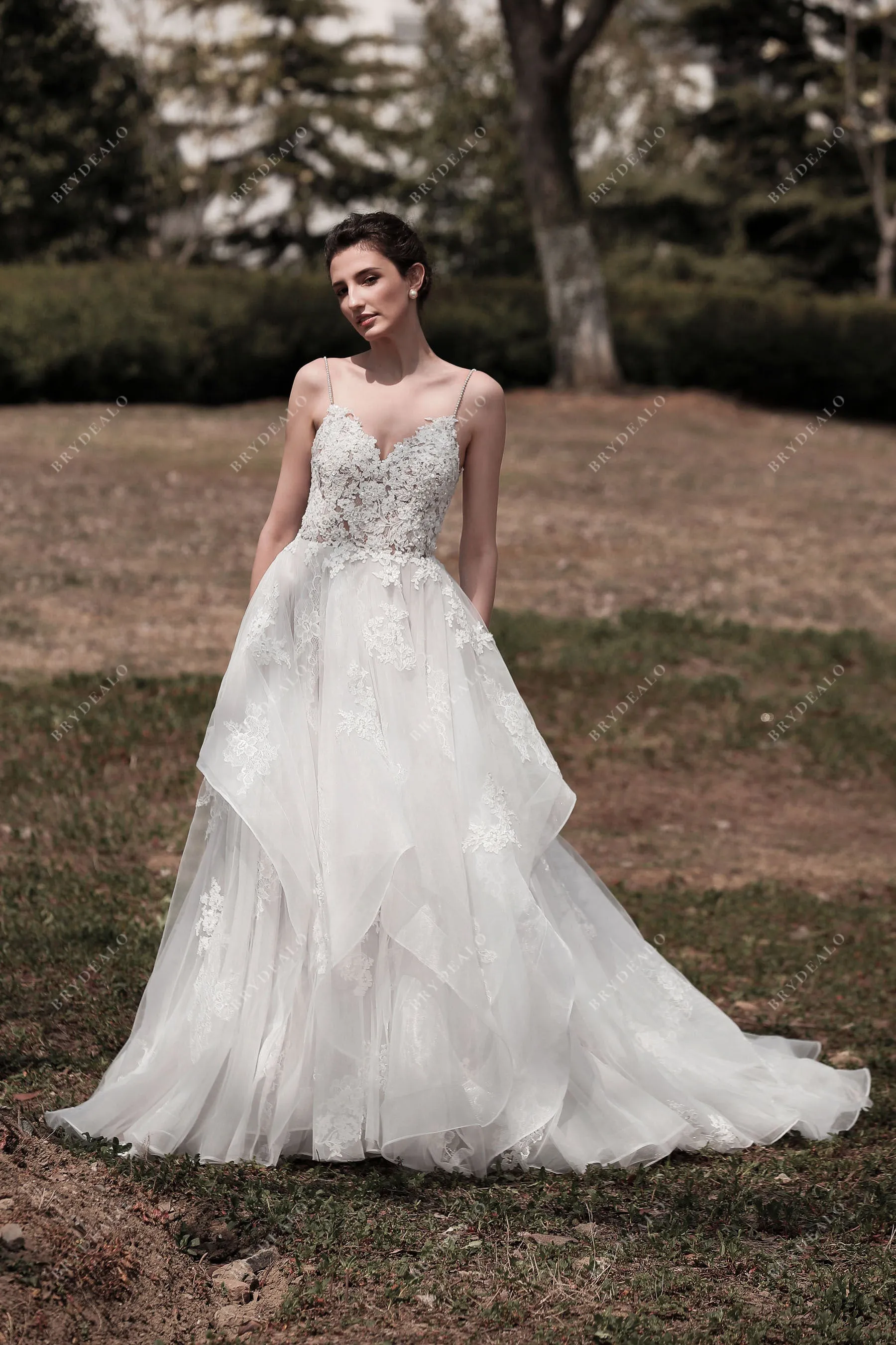 Spaghetti Strap Princess Lace Ball Gown Ruffled Tulle Nude Bridal Dress