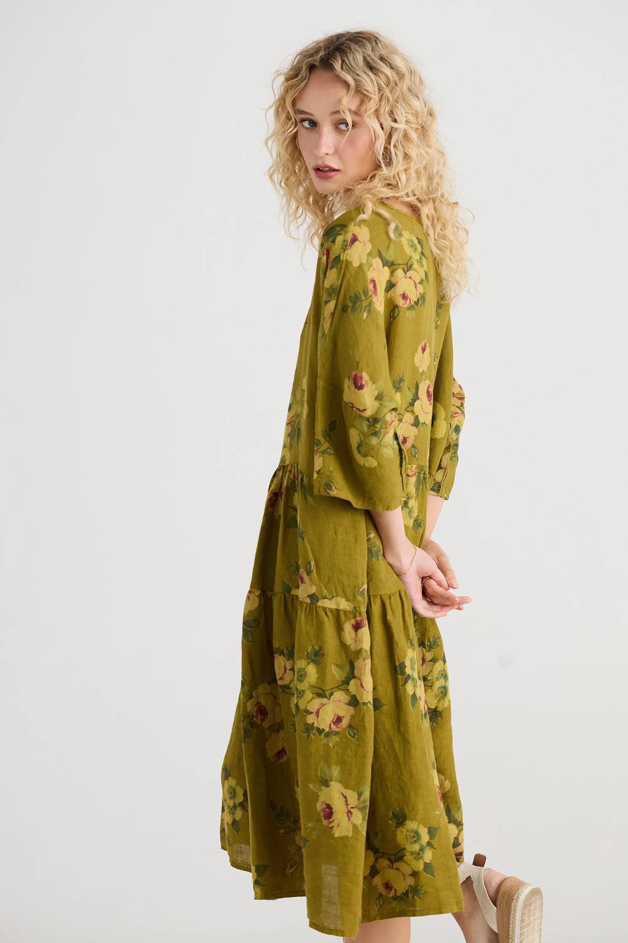 Stella floral linen dress. Khaki