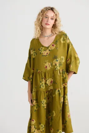Stella floral linen dress. Khaki