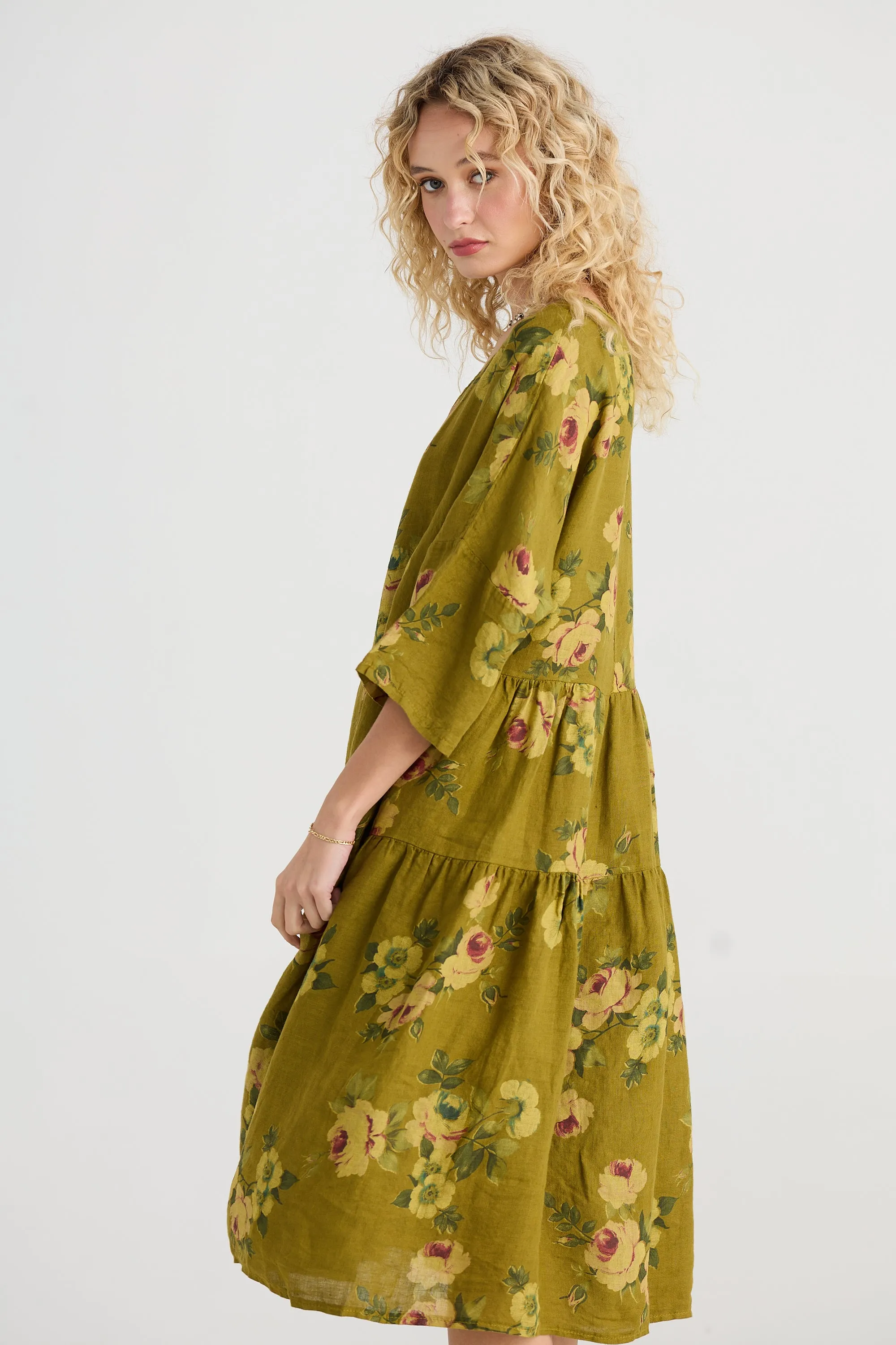 Stella floral linen dress. Khaki