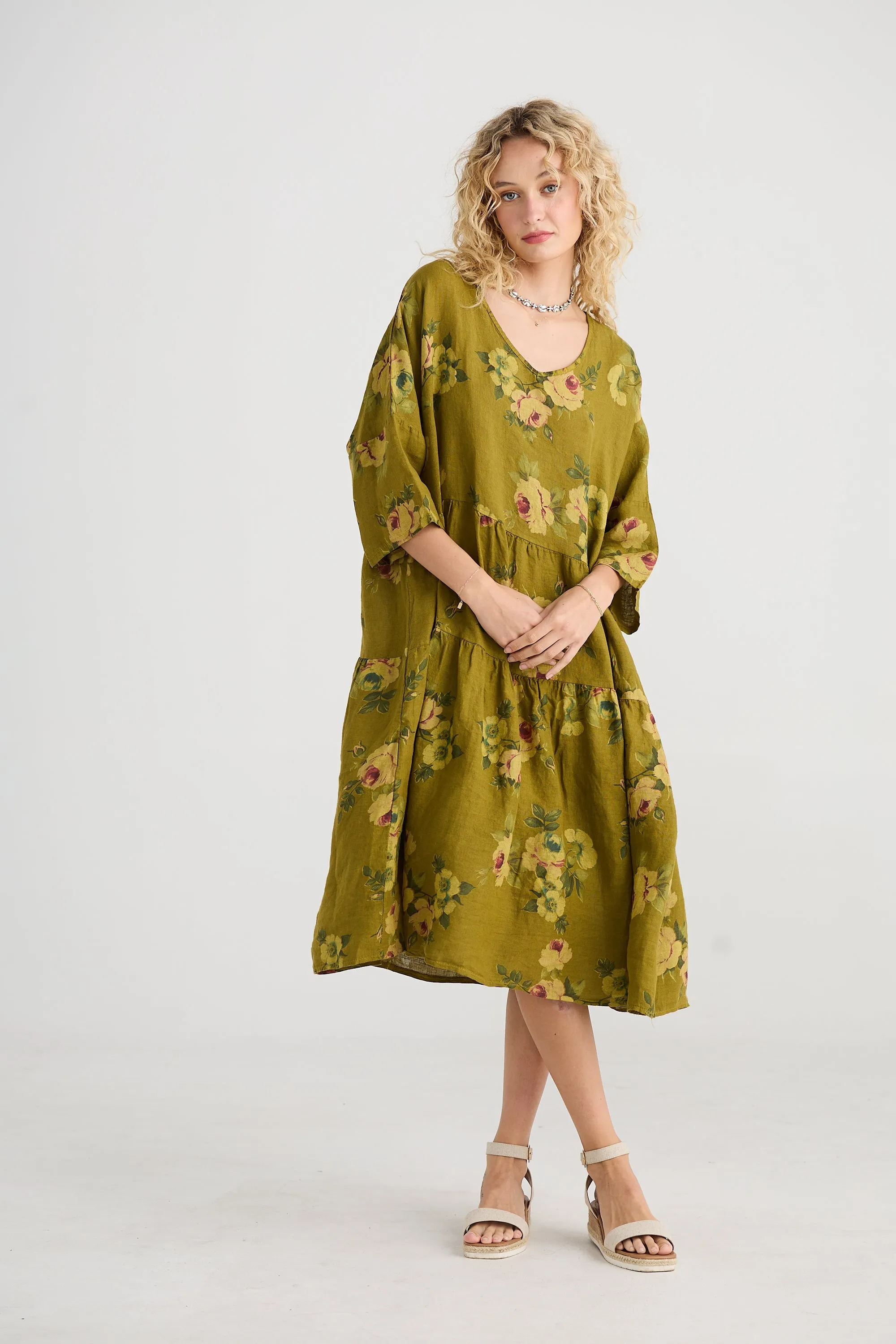 Stella floral linen dress. Khaki