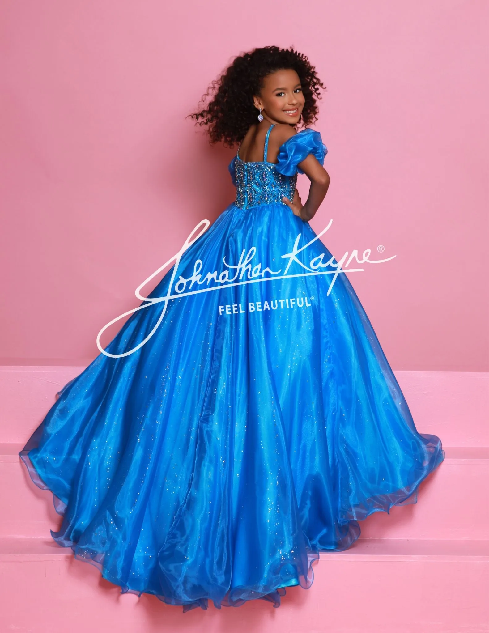 Sugar Kayne C359 Girls Pageant Ballgown Dress Puff Sleeves Glitter Tulle Crystal Bodice