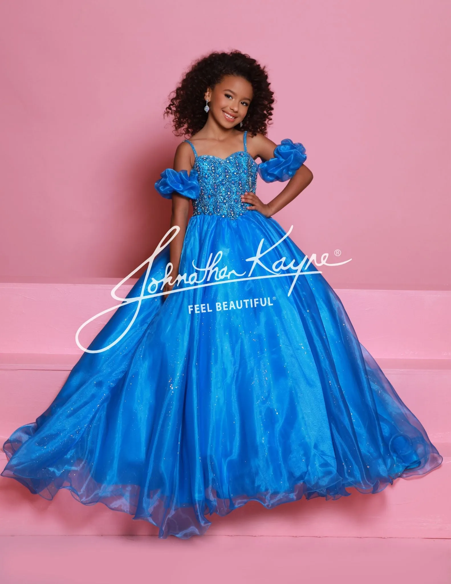 Sugar Kayne C359 Girls Pageant Ballgown Dress Puff Sleeves Glitter Tulle Crystal Bodice
