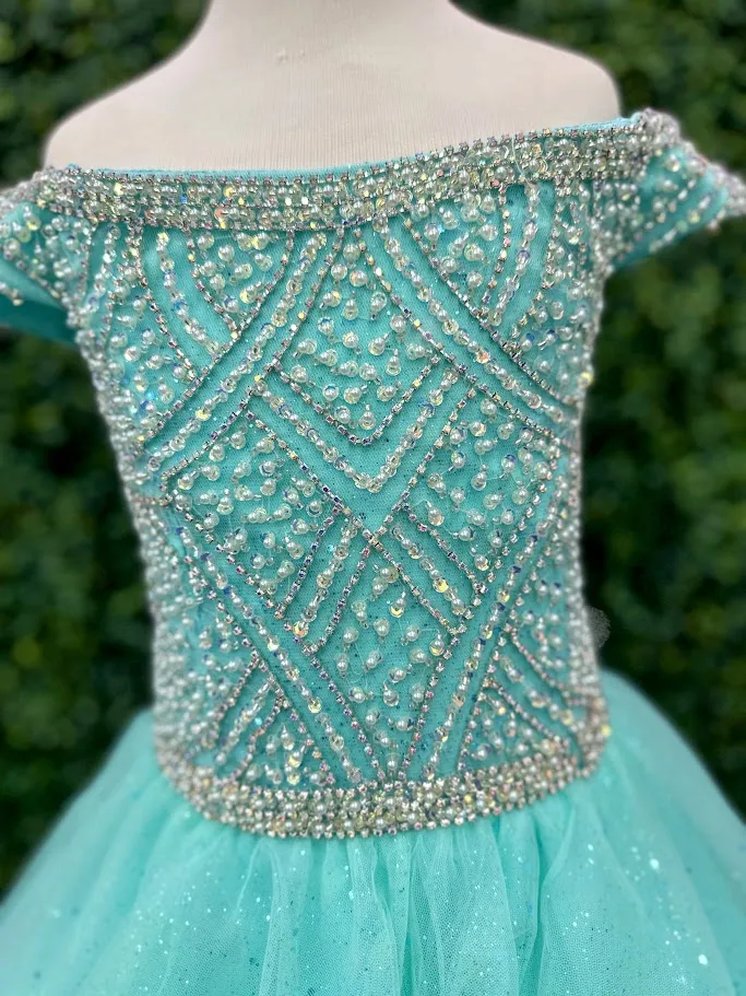 Tiffany Princess 13722 Size 2 Aqua Girls Pageant Dress Beaded Off The Shoulder Tulle A Line Ballgown