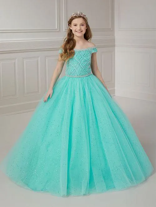 Tiffany Princess 13722 Size 2 Aqua Girls Pageant Dress Beaded Off The Shoulder Tulle A Line Ballgown