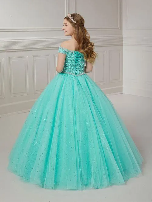 Tiffany Princess 13722 Size 2 Aqua Girls Pageant Dress Beaded Off The Shoulder Tulle A Line Ballgown