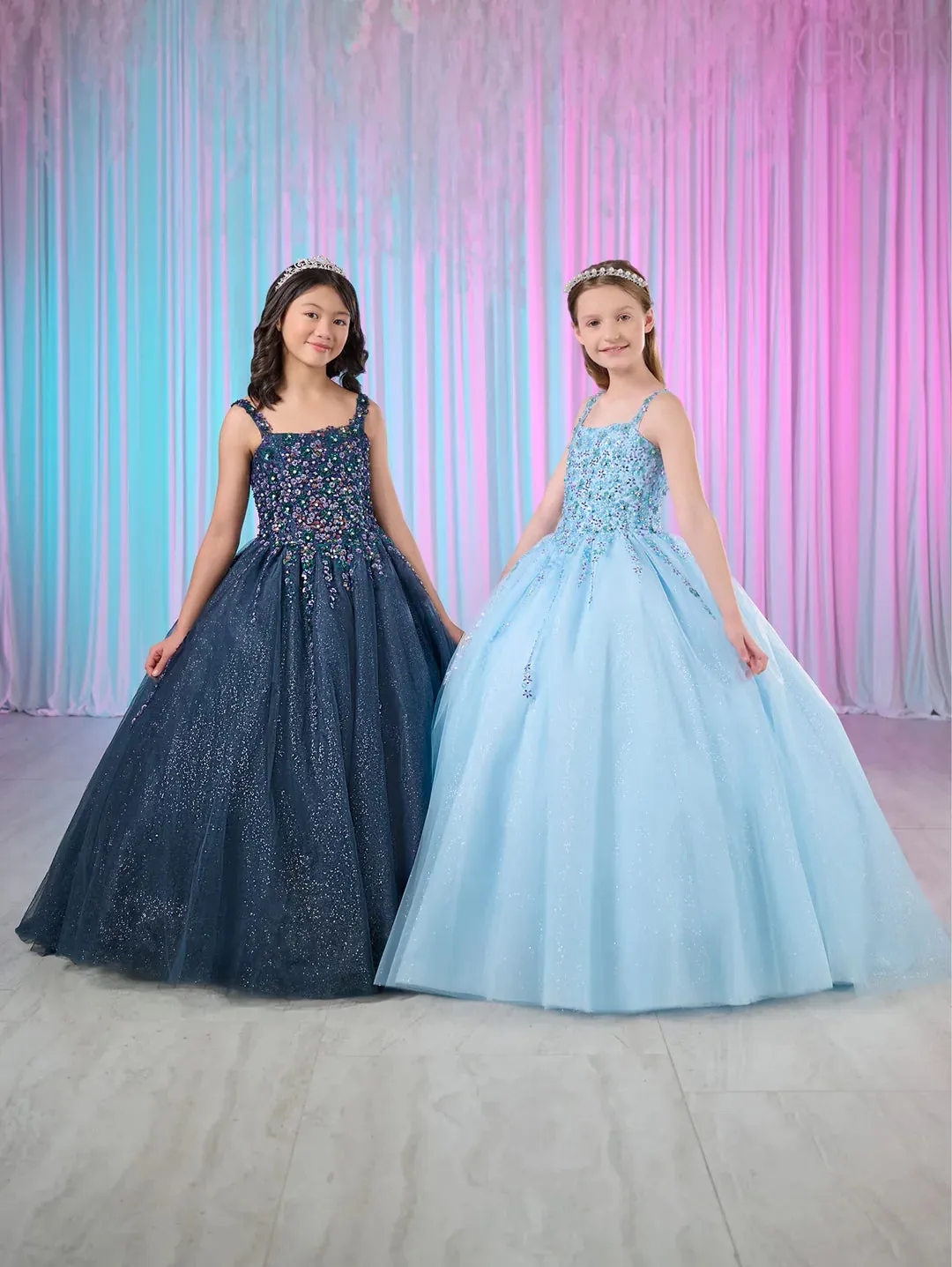 Tiffany Princess 13769 Size 16 Navy Girls Pageant Dress Shimmer Tulle Beaded A Line Tulle Corset Ballgown