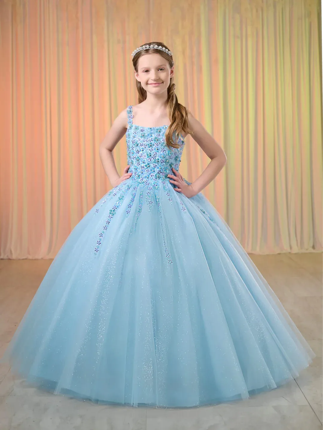 Tiffany Princess 13769 Size 16 Navy Girls Pageant Dress Shimmer Tulle Beaded A Line Tulle Corset Ballgown