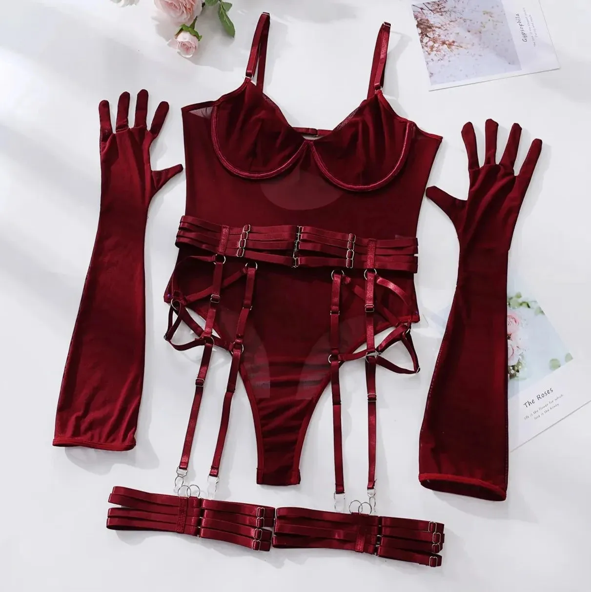 Tight Fitting Lace Bodysuit Sexy See Through Lingerie Bodysuit With Gloves Garter Night Club Outfit Mesh Top
