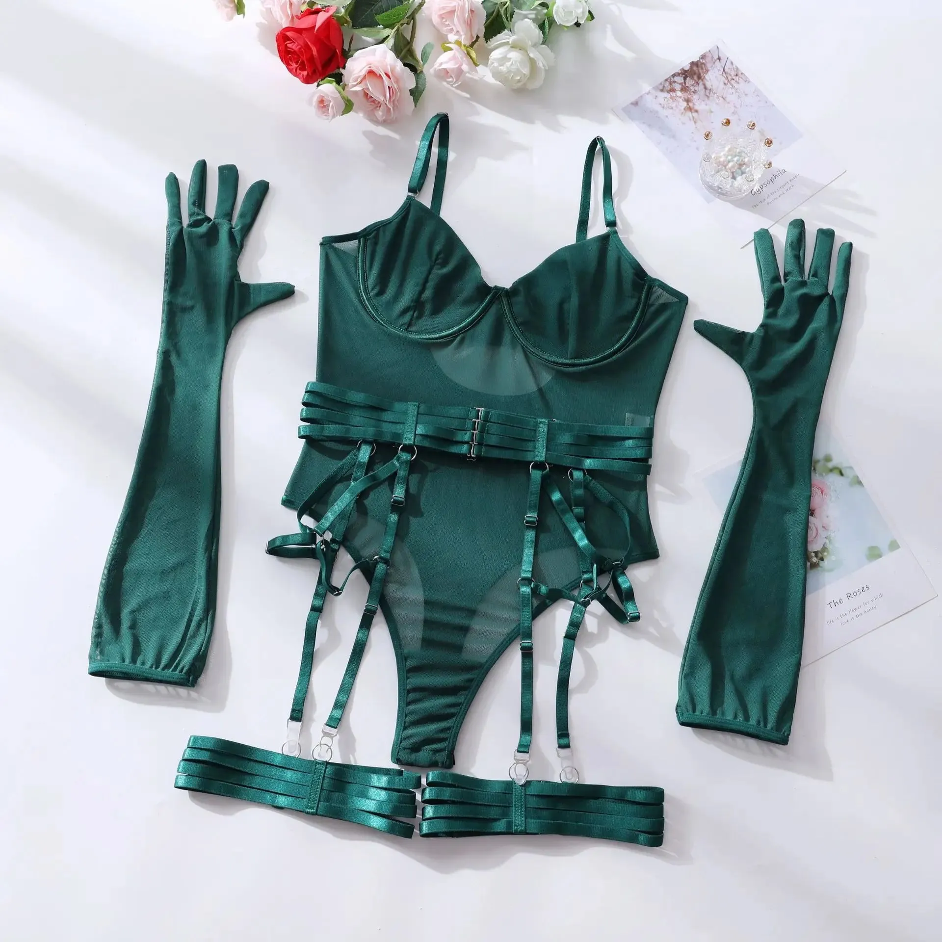 Tight Fitting Lace Bodysuit Sexy See Through Lingerie Bodysuit With Gloves Garter Night Club Outfit Mesh Top