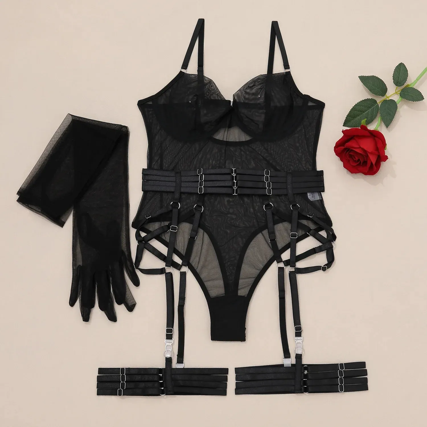 Tight Fitting Lace Bodysuit Sexy See Through Lingerie Bodysuit With Gloves Garter Night Club Outfit Mesh Top