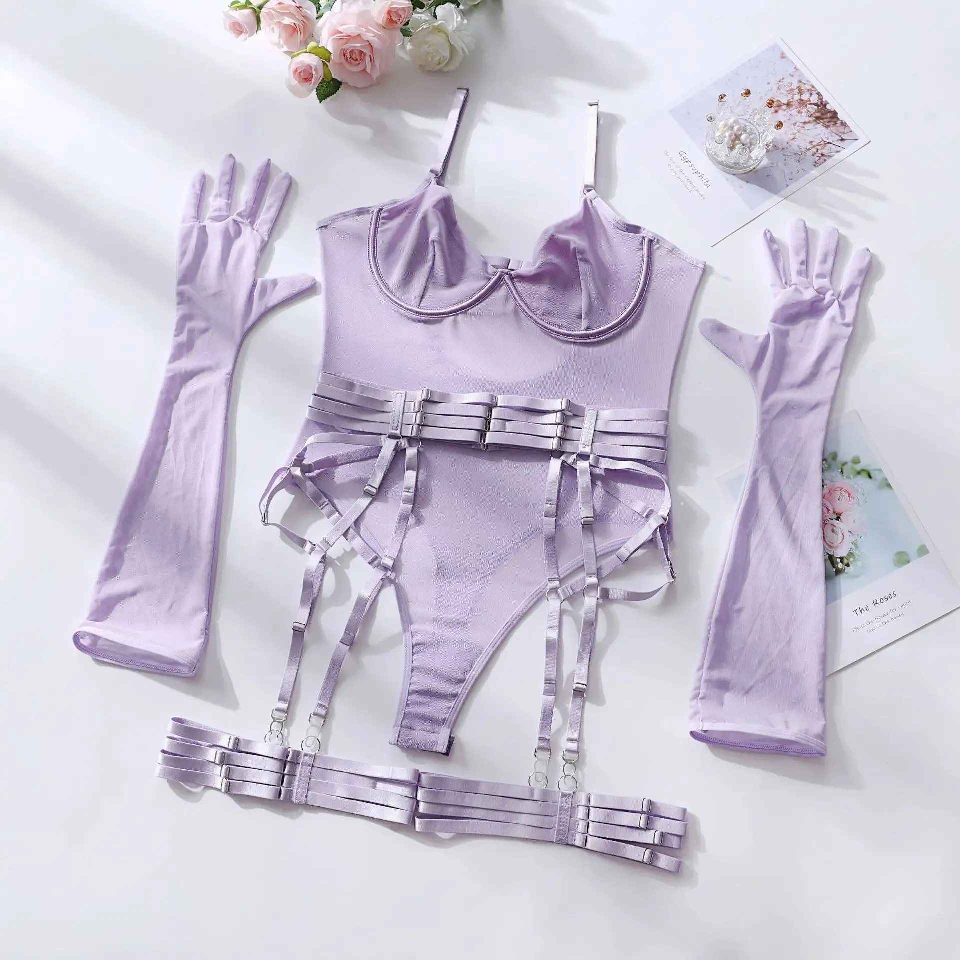 Tight Fitting Lace Bodysuit Sexy See Through Lingerie Bodysuit With Gloves Garter Night Club Outfit Mesh Top