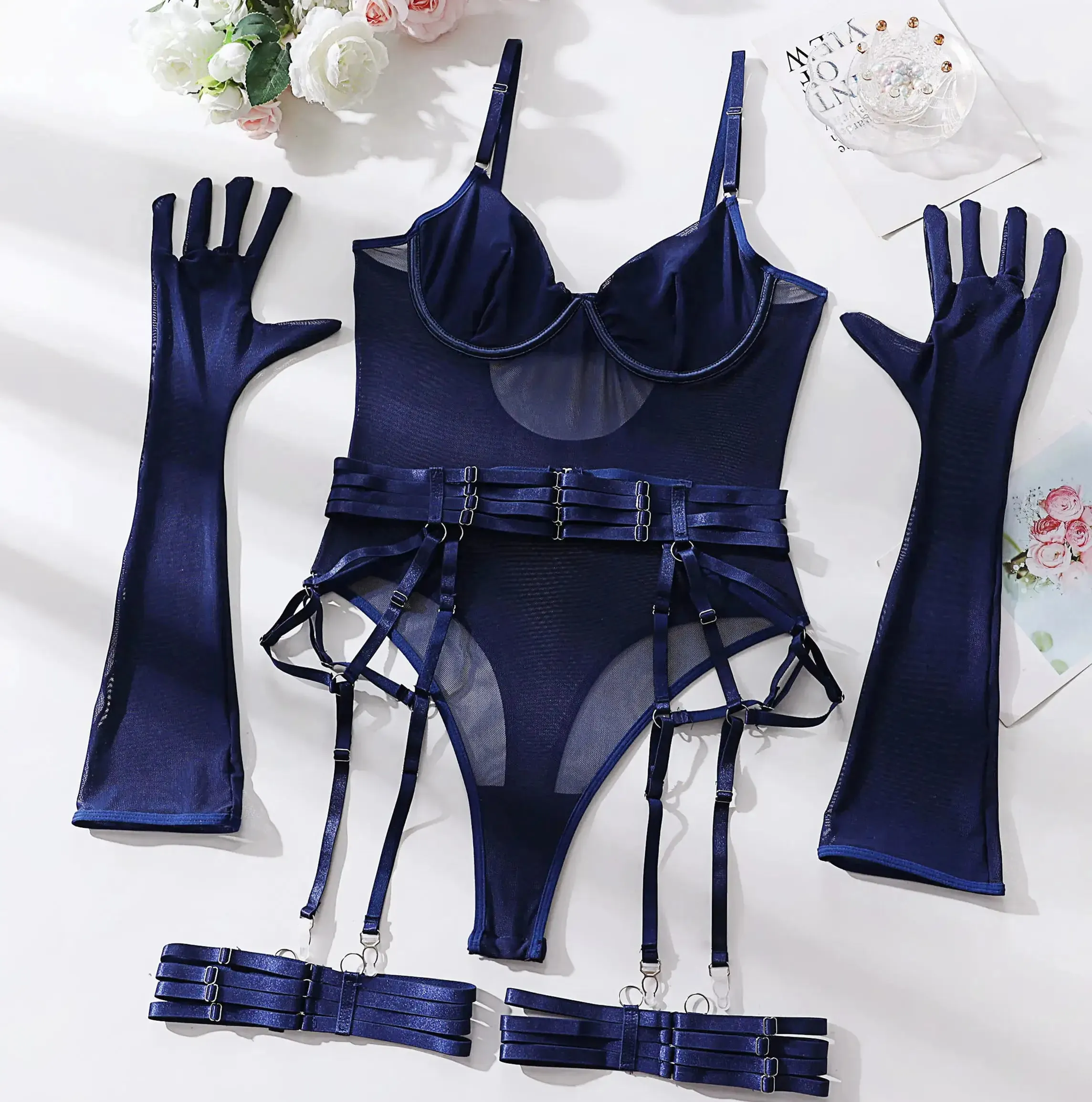 Tight Fitting Lace Bodysuit Sexy See Through Lingerie Bodysuit With Gloves Garter Night Club Outfit Mesh Top