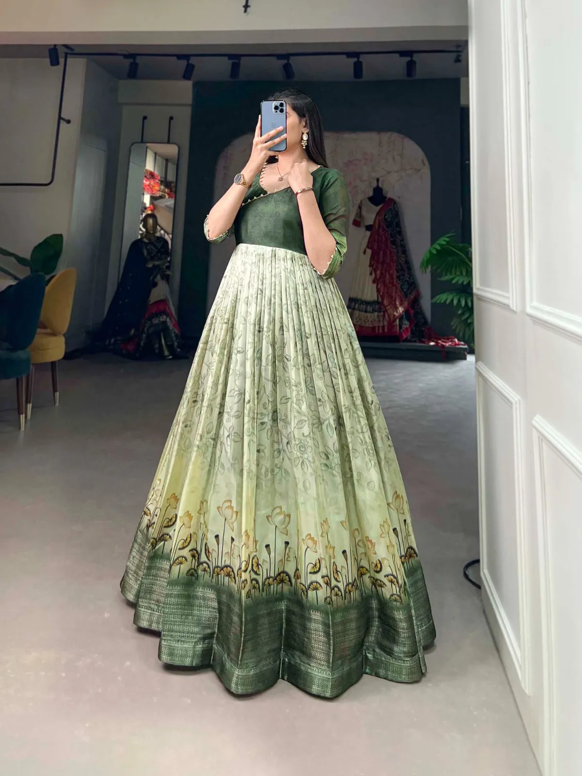 Tussar Silk Green Printed Gown with Adjustable Comfort