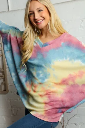 V Neck Multi Color Thermal Dolman Knit Top