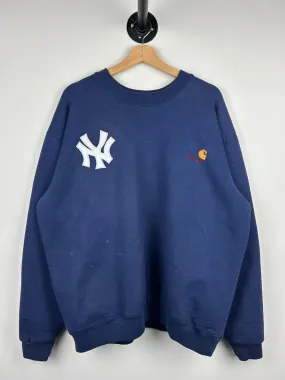 Vintage 90s Carhartt New York Yankees Embroidered Thermal Lined Navy Crewneck