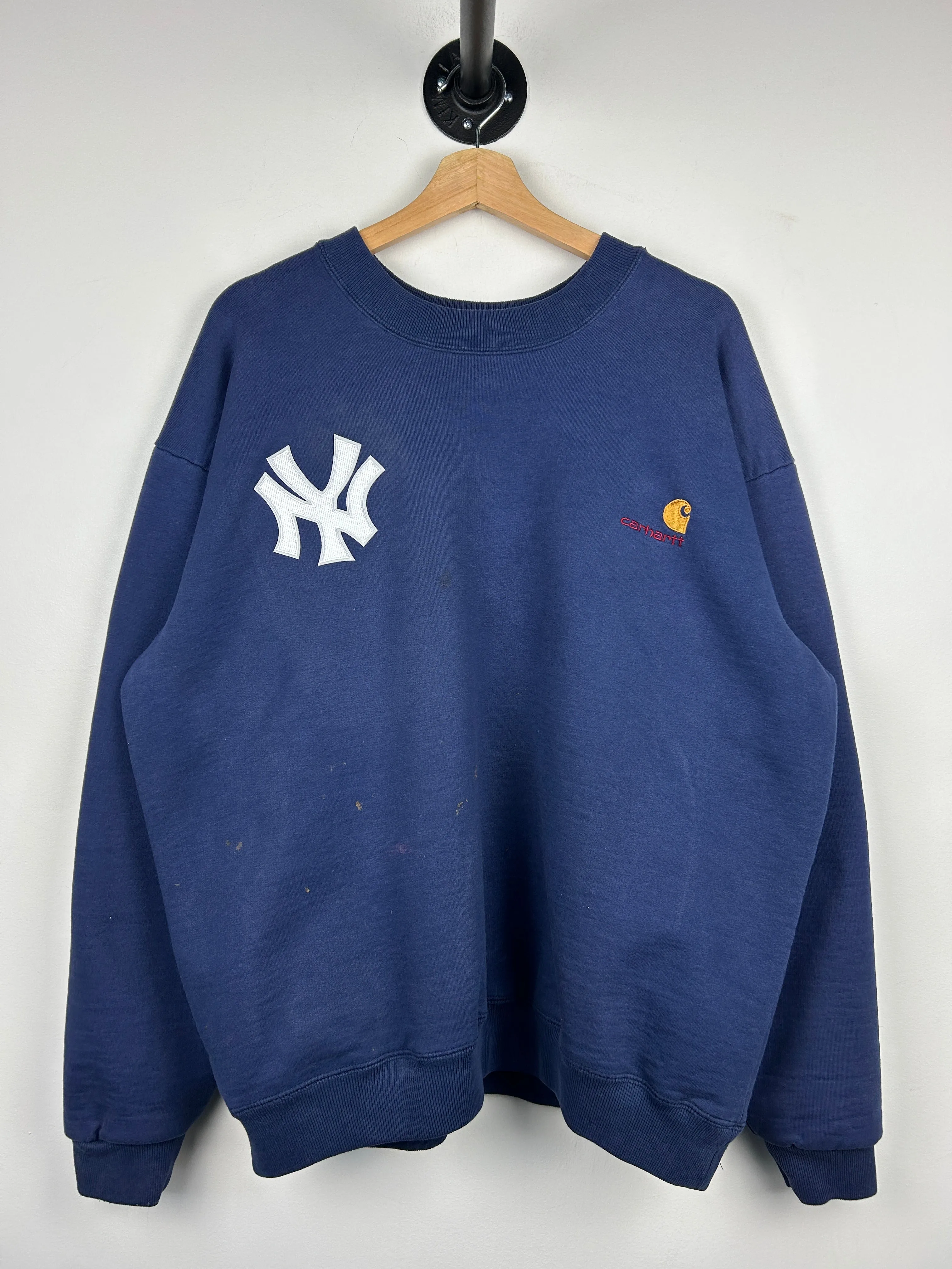 Vintage 90s Carhartt New York Yankees Embroidered Thermal Lined Navy Crewneck