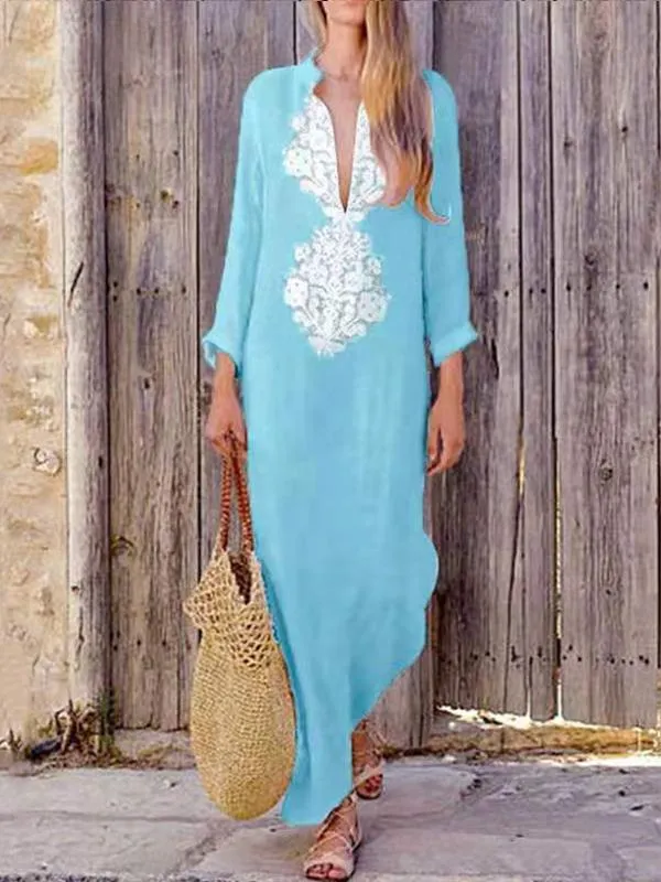 Vintage Ethnic Print Loose Long-sleeved Cotton Linen Dress