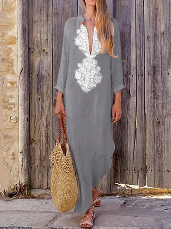 Vintage Ethnic Print Loose Long-sleeved Cotton Linen Dress