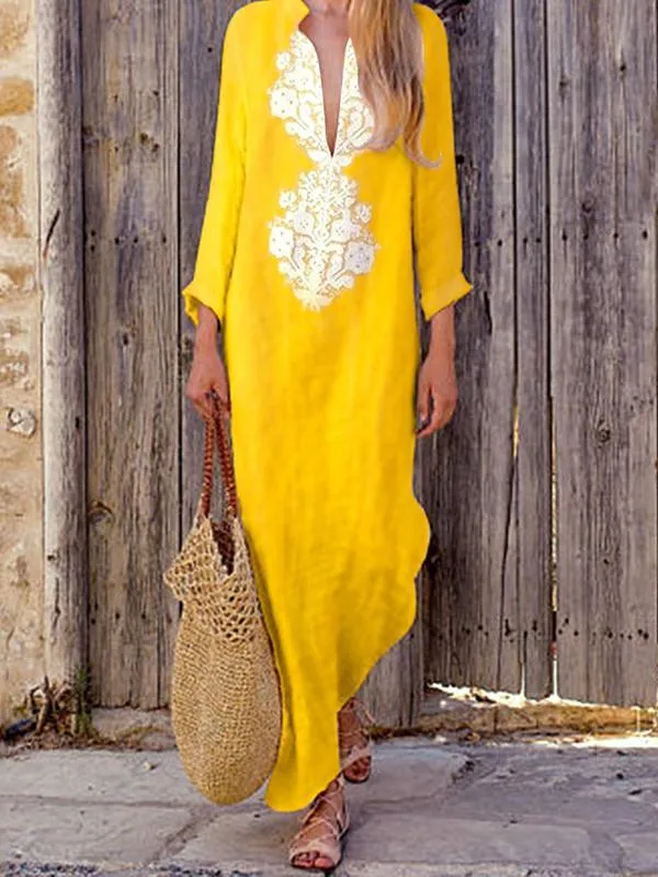 Vintage Ethnic Print Loose Long-sleeved Cotton Linen Dress