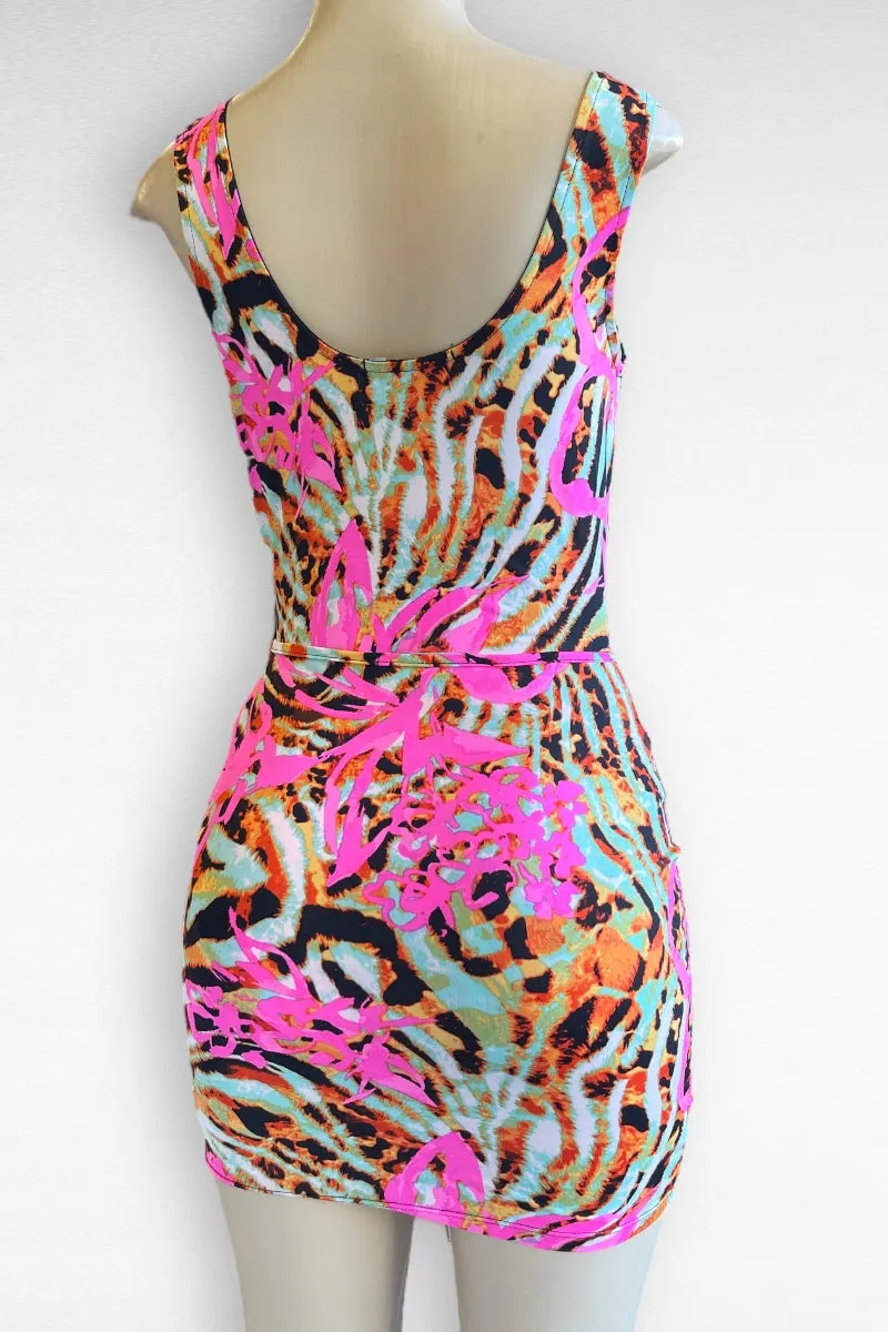 Wild Print Bodysuit with Lace Up Skirt Set