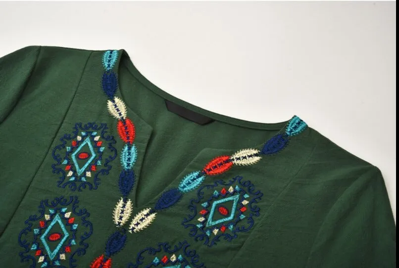 Women Bohemian Embroidered Lotus Leaf Sleeve Dress