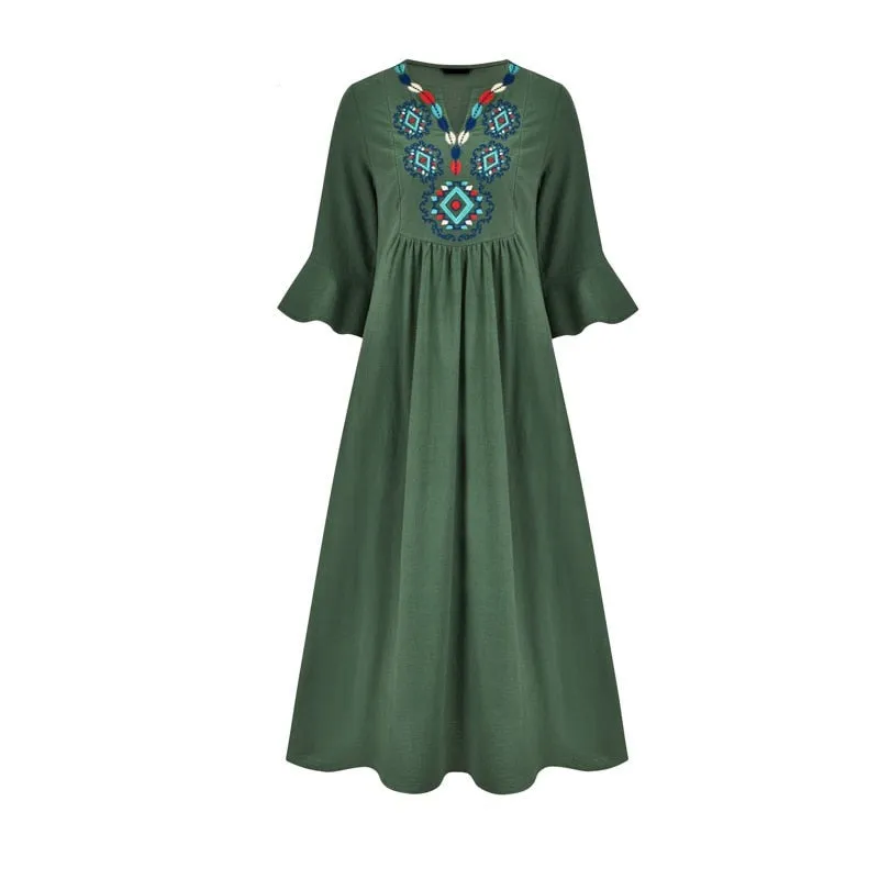 Women Bohemian Embroidered Lotus Leaf Sleeve Dress